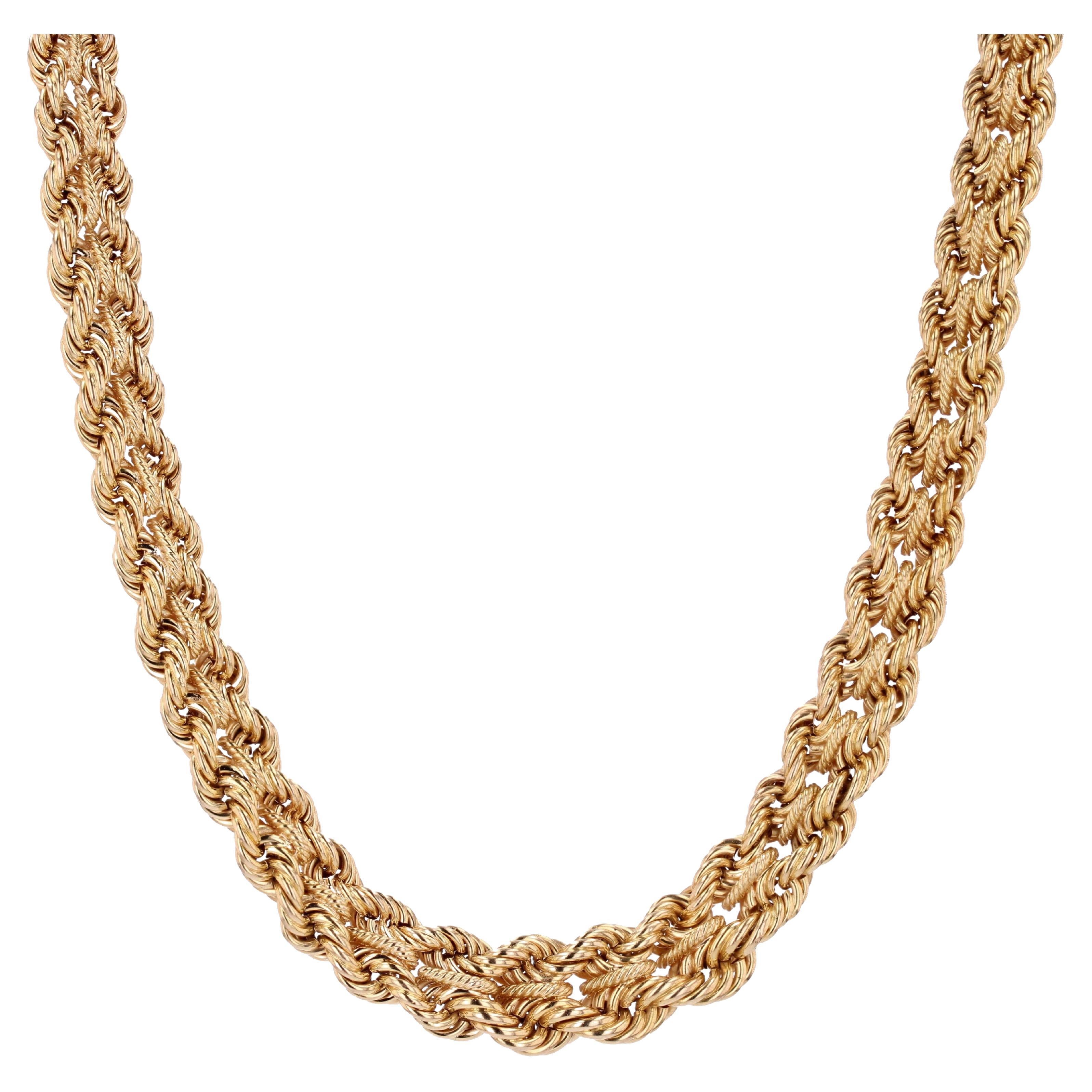 French 1950s 18 Karat Yellow Gold Falling Braided Choker Necklace For Sale