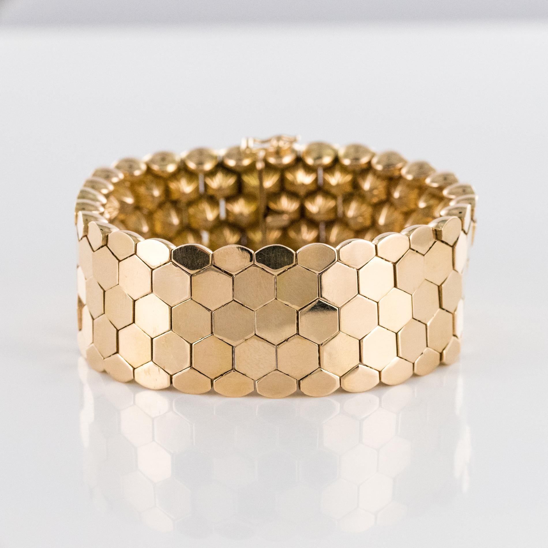 French 1950s 18 Karat Yellow Gold Honeycomb Bracelet 1