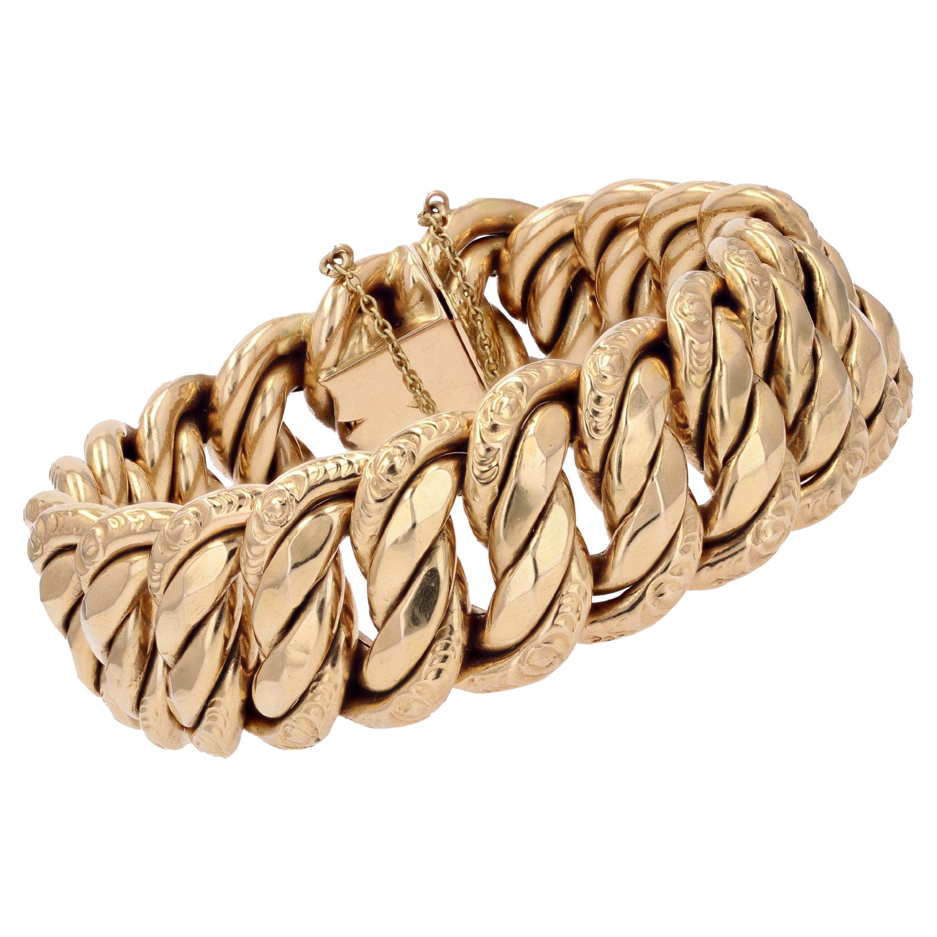 French 1950s 18 Karat Yellow Gold Wide Curb Bracelet