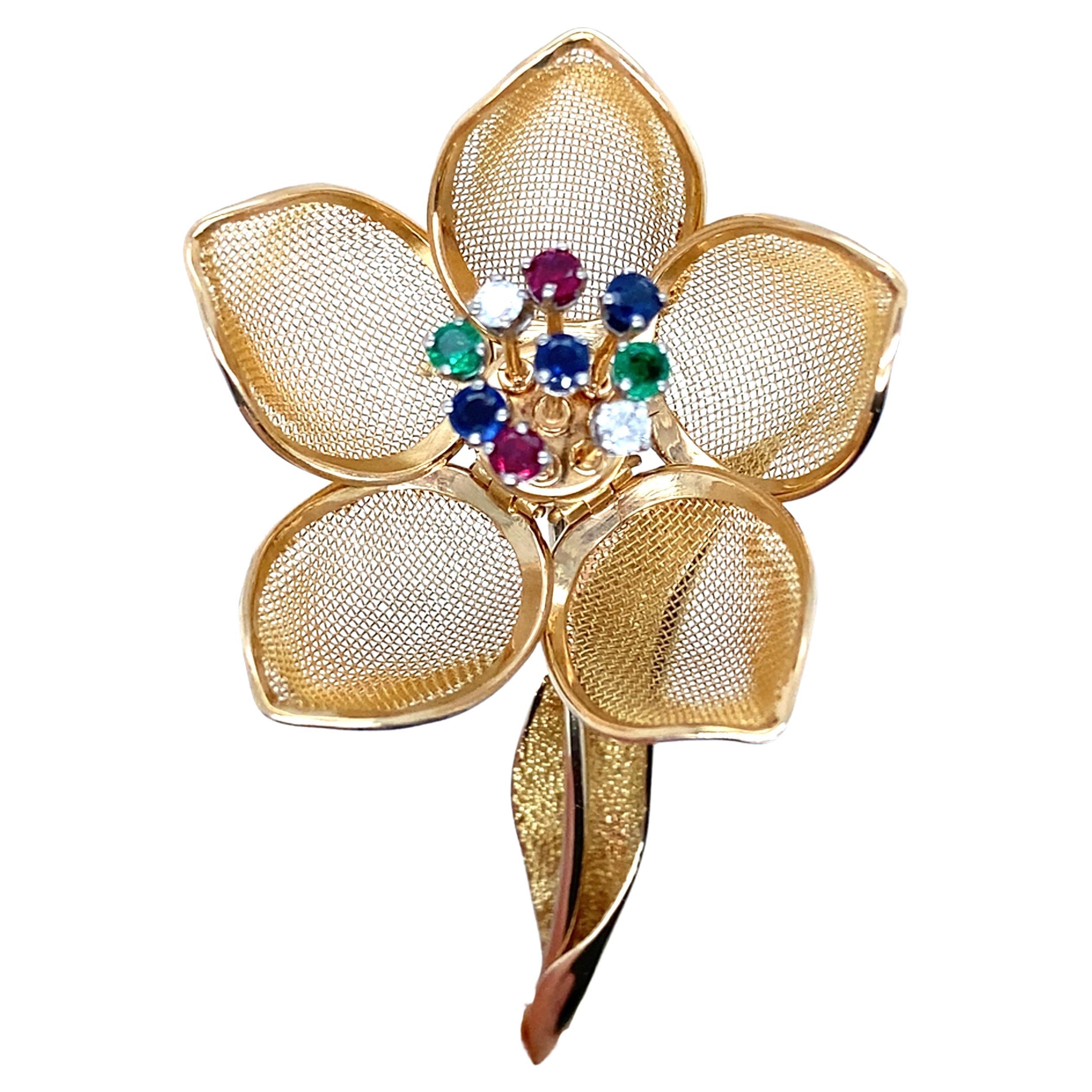 Broche Flor En Tremblant de oro de 18 quilates francés de los años 50 con estambres de piedras preciosas en venta