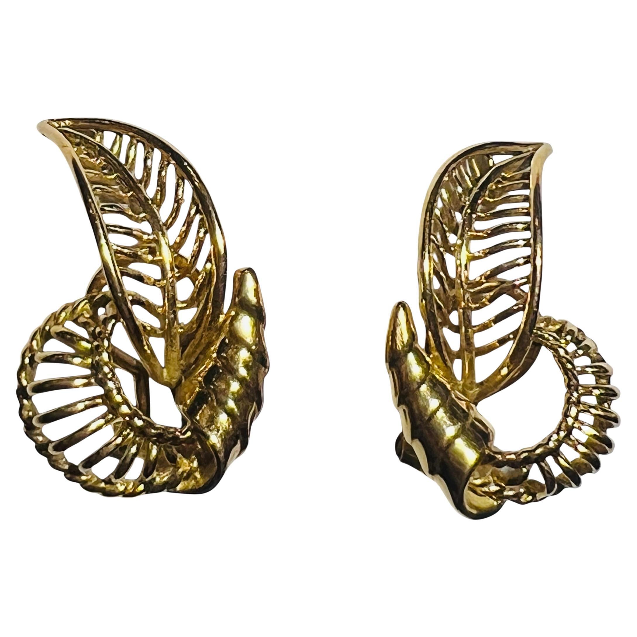 French 1950s 18K yellow  Gold Earrings – Clip-On, Mid-Century Leaf Design