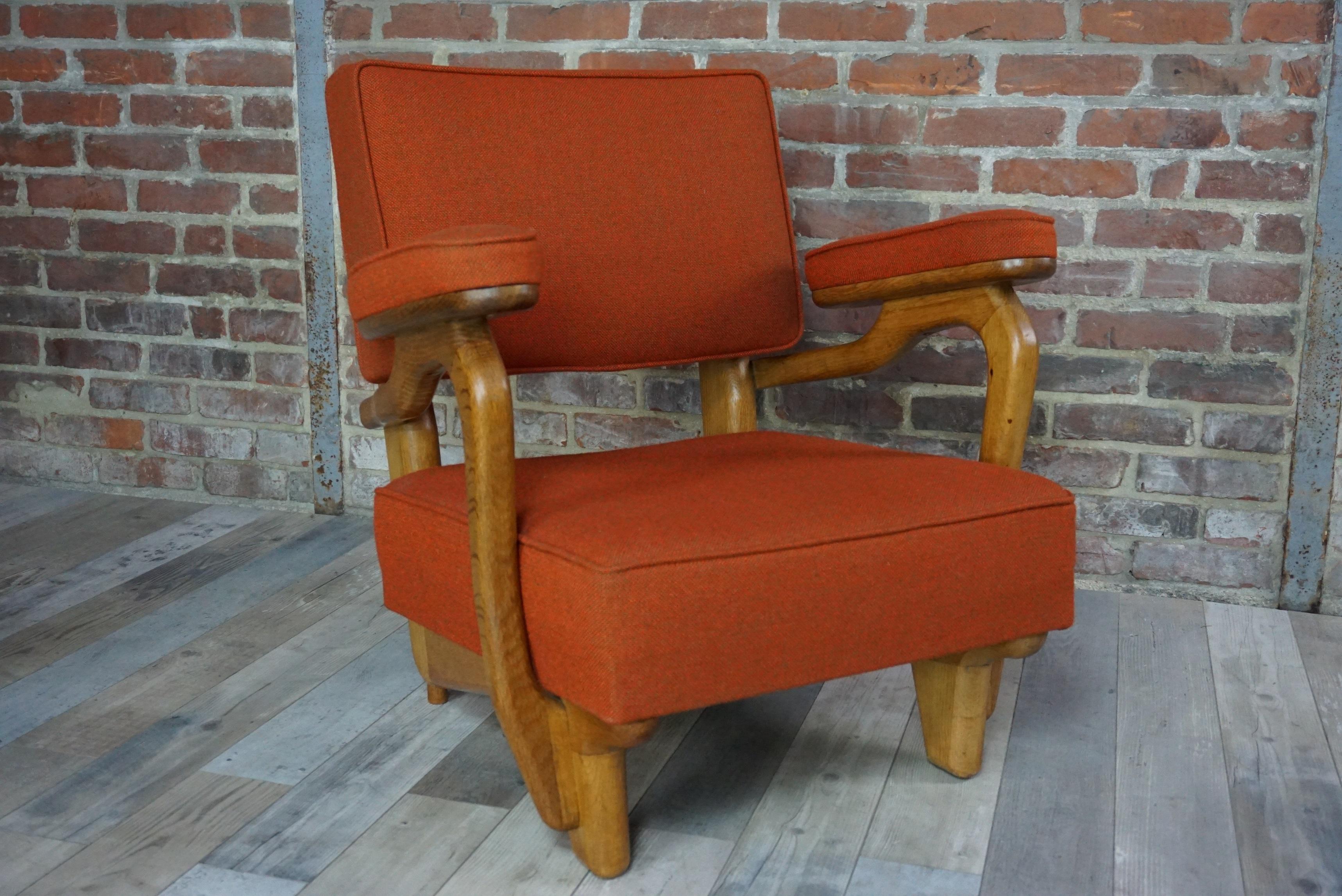 French 1950s-1960s Design by Guillerme & Chambron Oak Wooden Pair of Armchairs 8