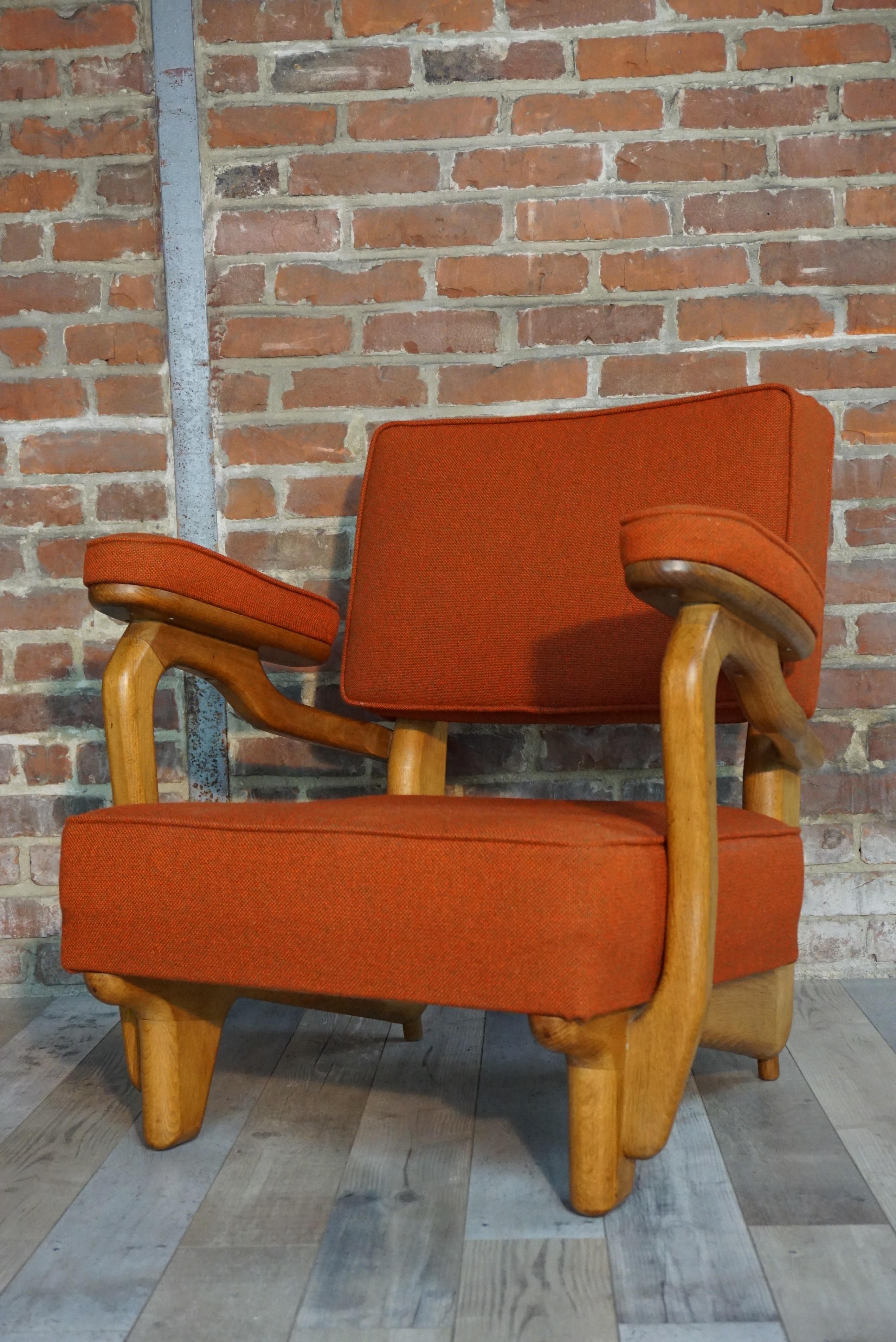 French 1950s-1960s Design by Guillerme & Chambron Oak Wooden Pair of Armchairs 14