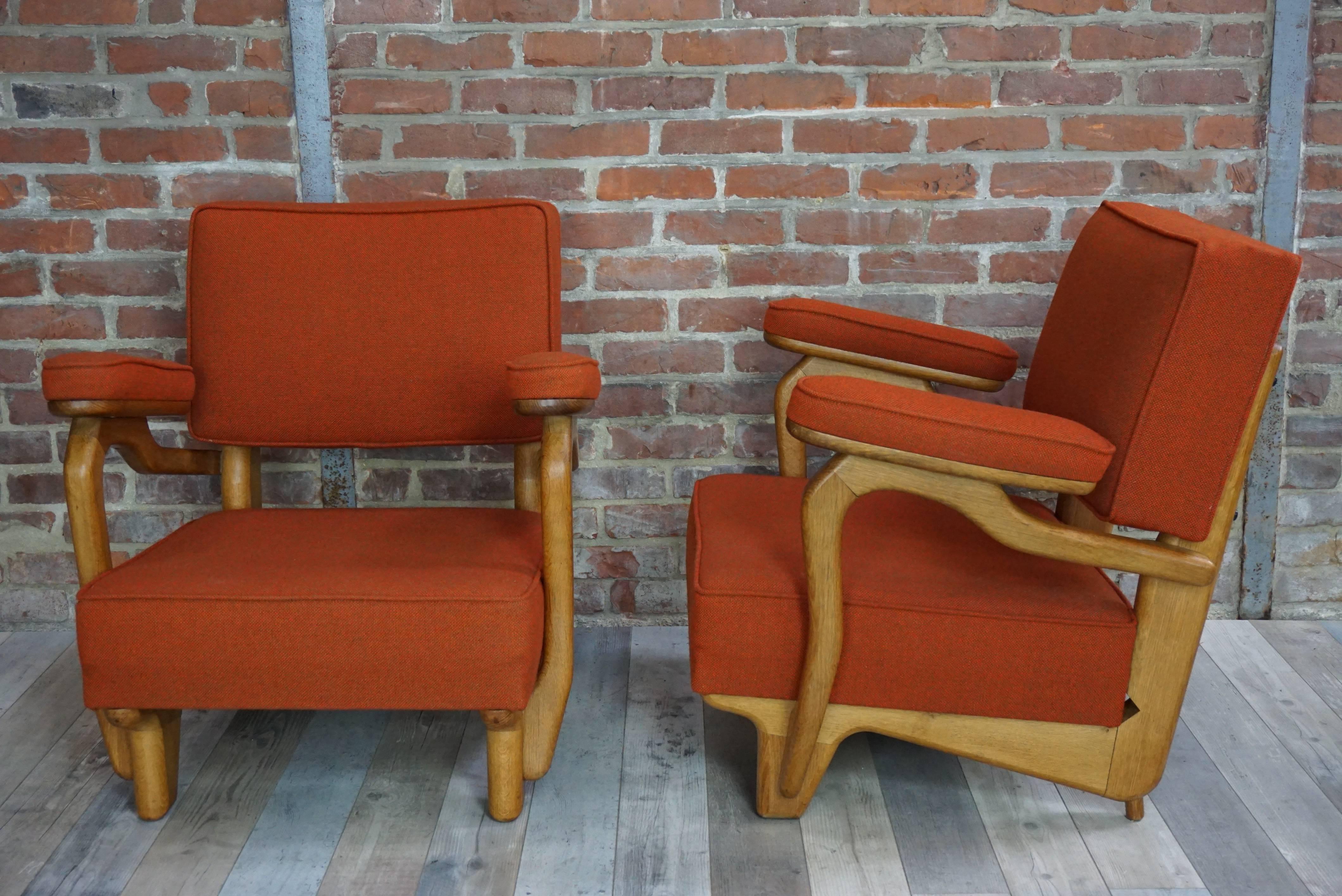 Mid-Century Modern French 1950s-1960s Design by Guillerme & Chambron Oak Wooden Pair of Armchairs