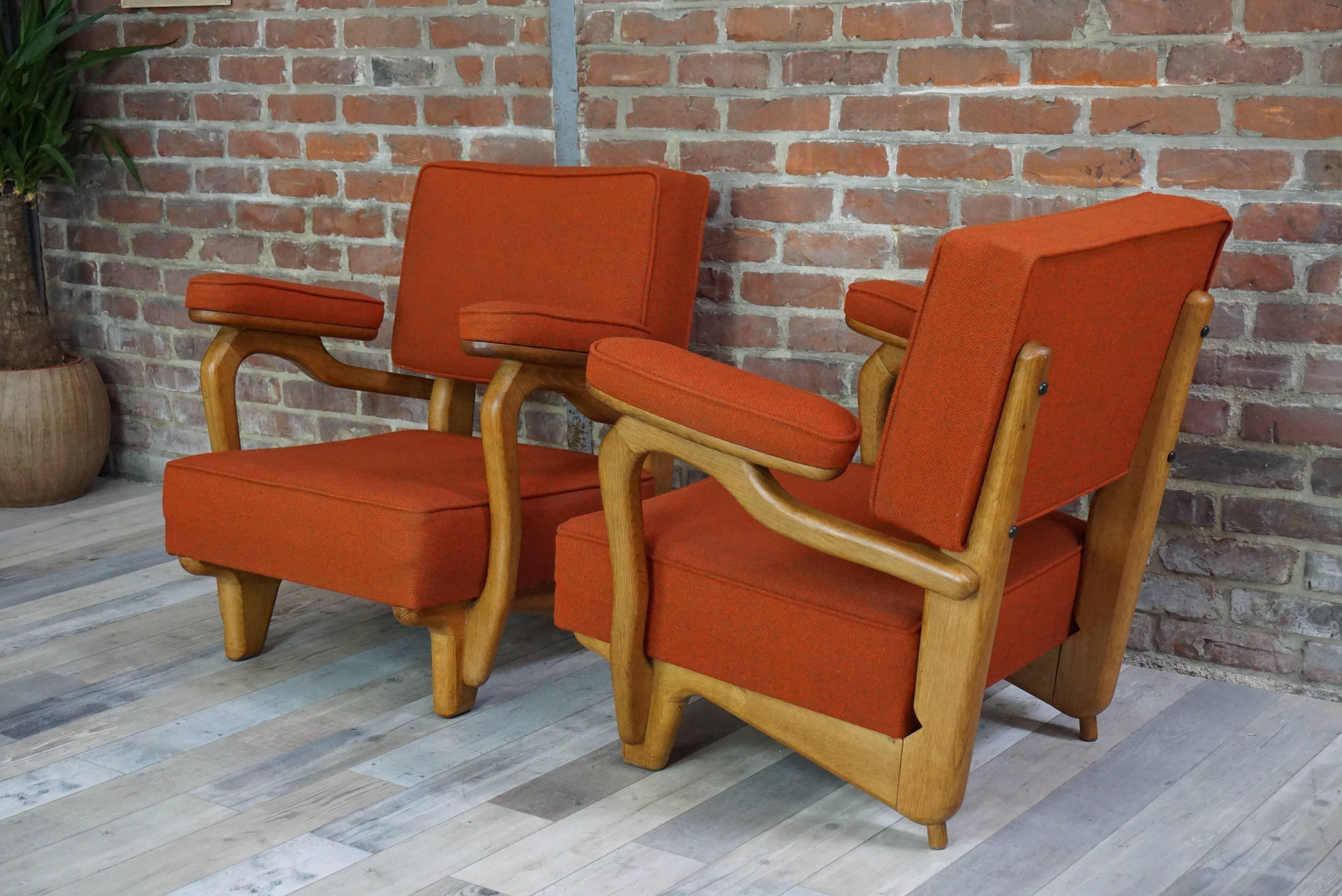 20th Century French 1950s-1960s Design by Guillerme & Chambron Oak Wooden Pair of Armchairs
