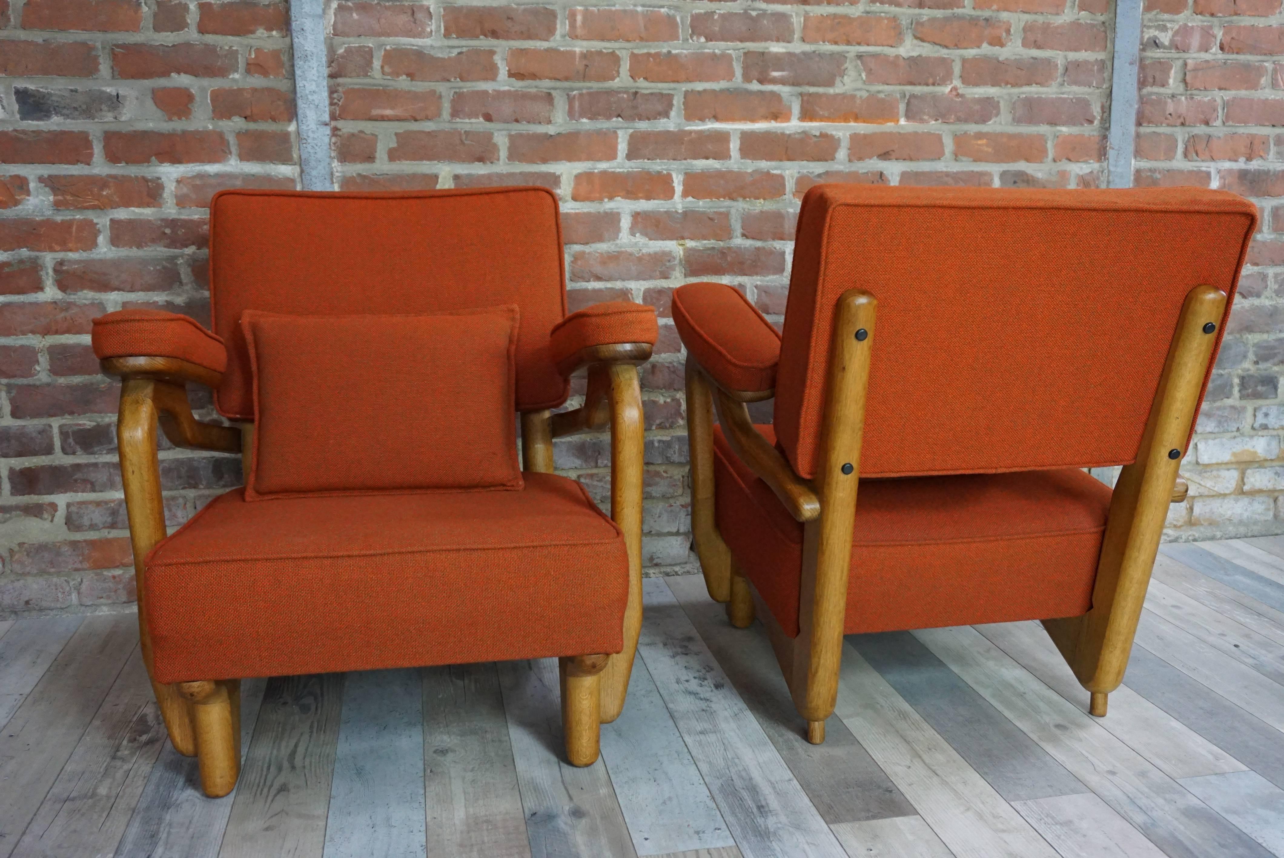 French 1950s-1960s Design by Guillerme & Chambron Oak Wooden Pair of Armchairs 2