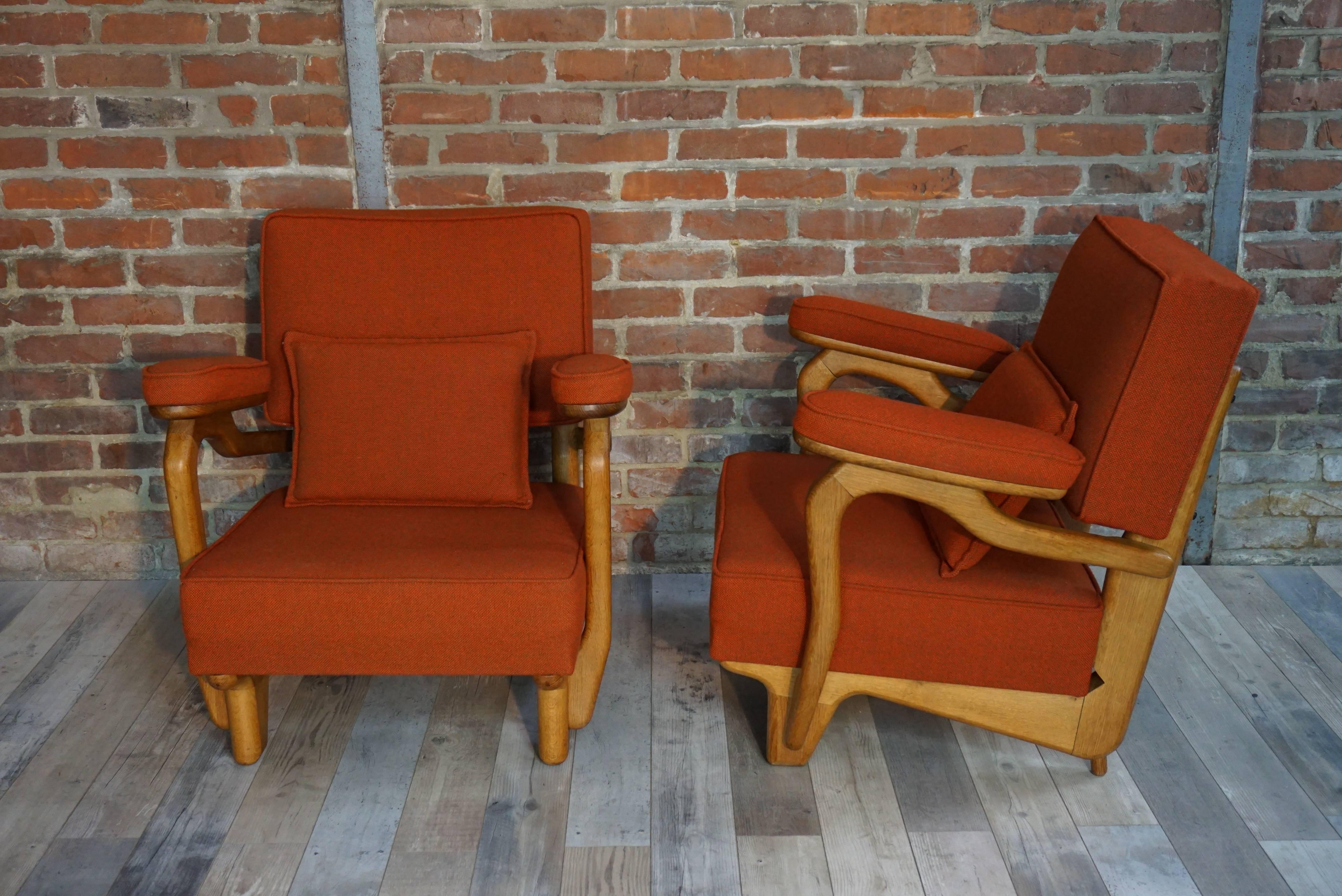 French 1950s-1960s Design by Guillerme & Chambron Oak Wooden Pair of Armchairs 3