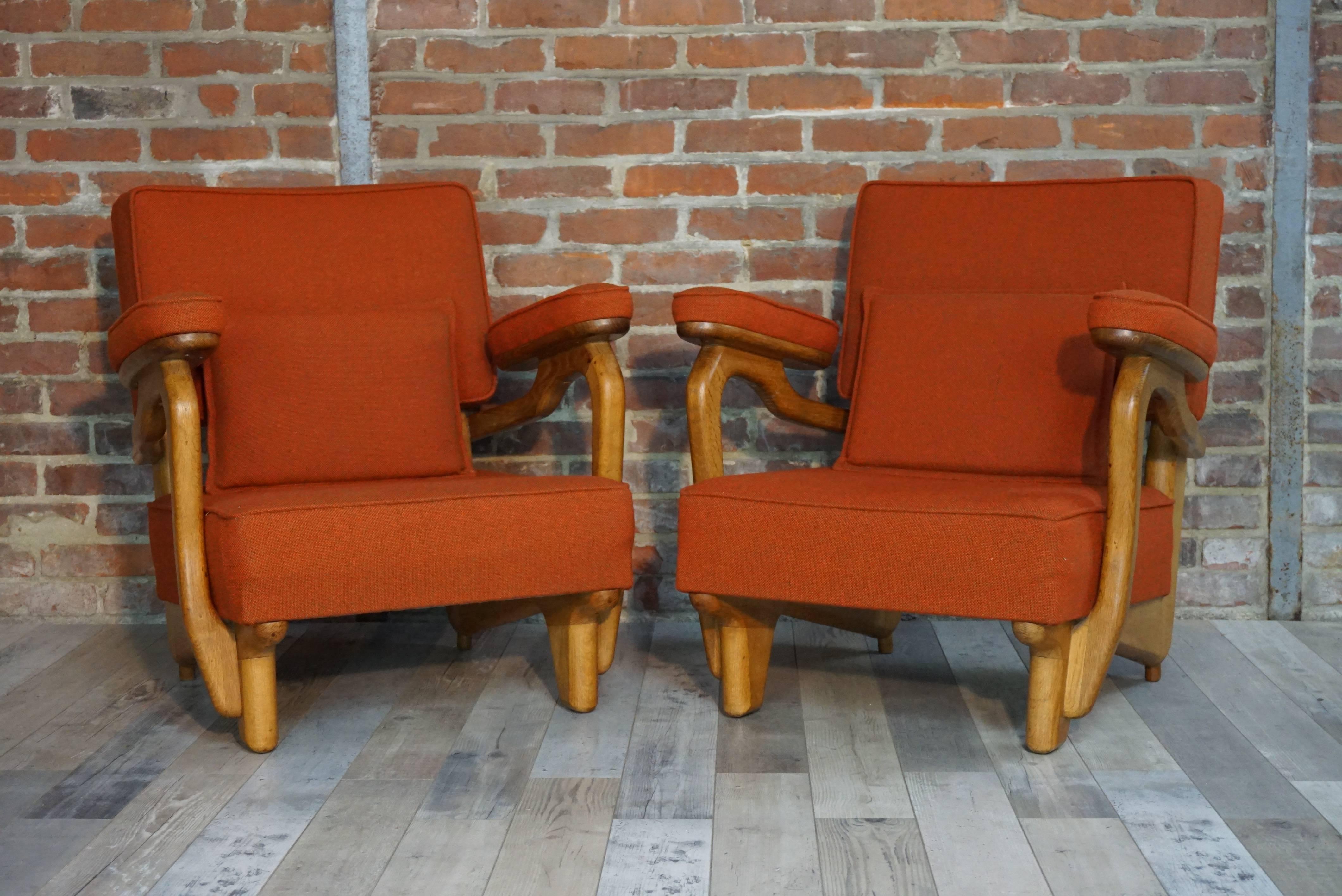 French 1950s-1960s Design by Guillerme & Chambron Oak Wooden Pair of Armchairs 4
