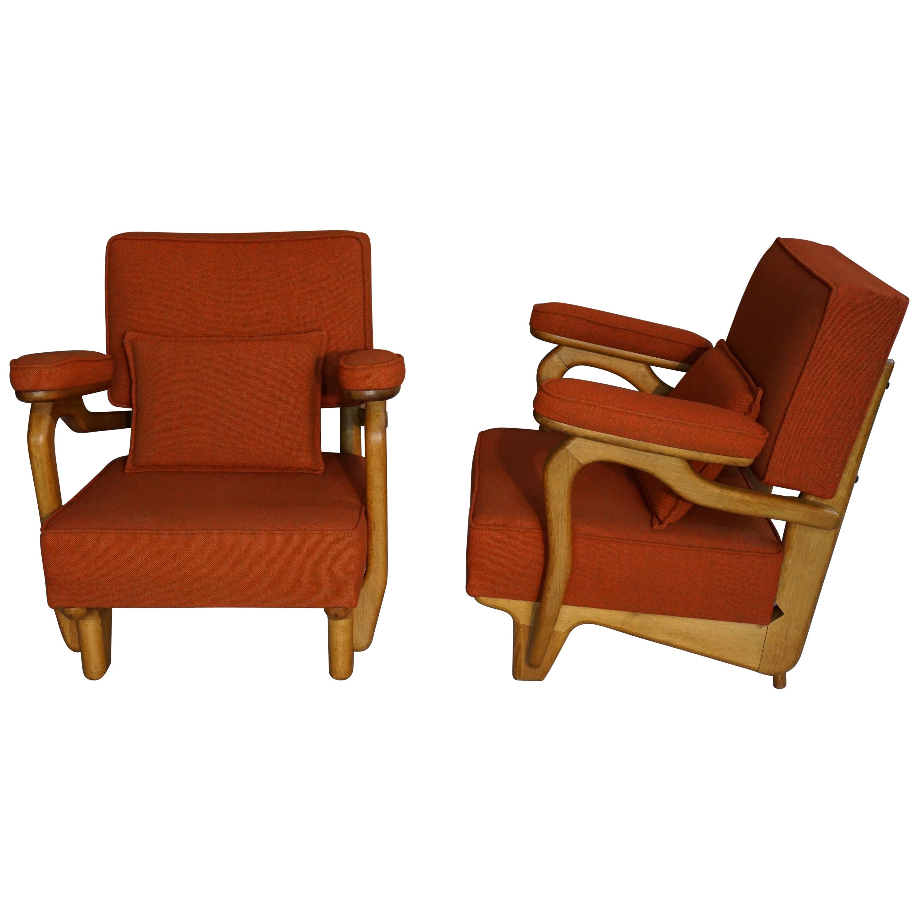 French 1950s-1960s Design by Guillerme & Chambron Oak Wooden Pair of Armchairs
