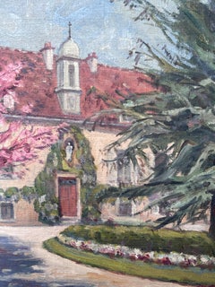 Vintage French Signed Oil Painting Country House in Gardens View, framed