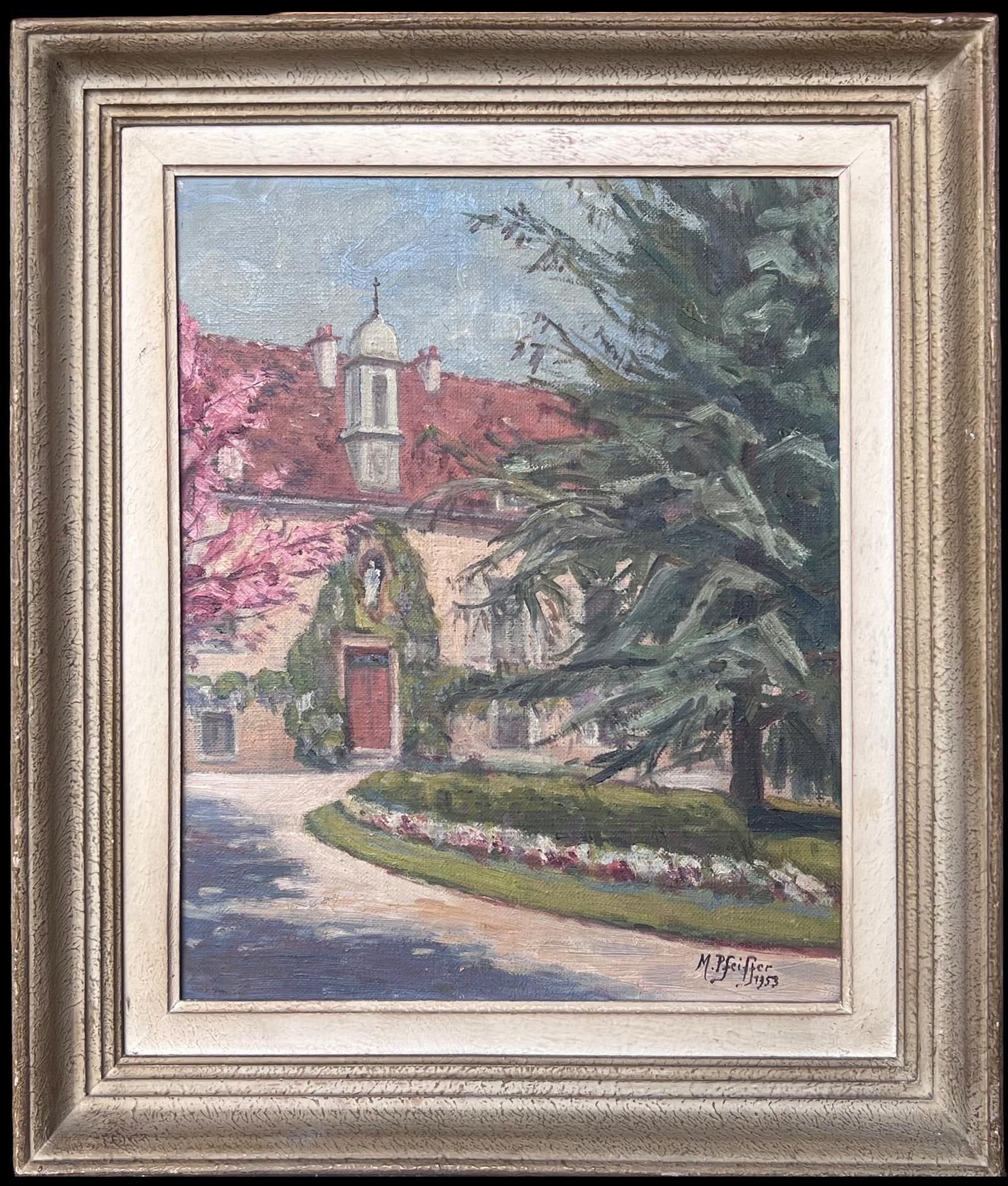French, 1950
s Still-Life Painting - Vintage French Signed Oil Painting Country House in Gardens View, framed