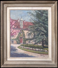 Vintage French Signed Oil Painting Country House in Gardens View, framed