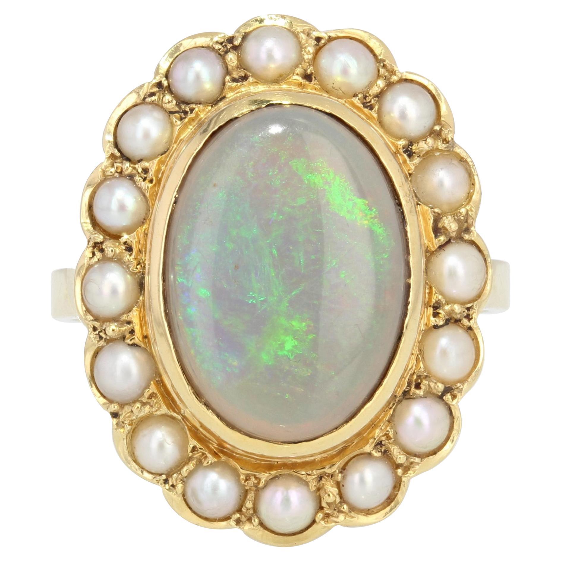 Bague grappe franaise en or jaune 18 carats avec opale de 2,30 carats et perle, annes 1950