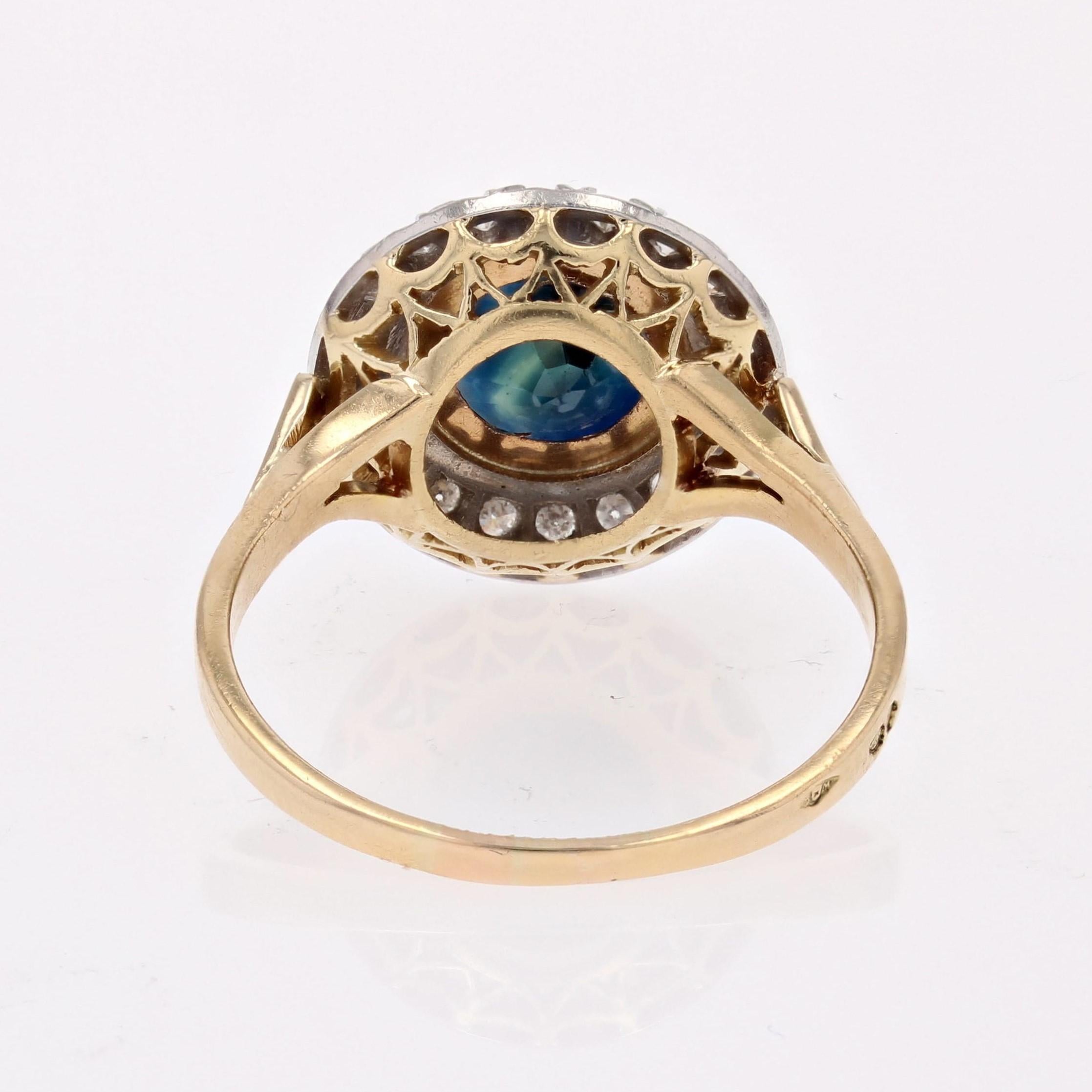 Französischer 1950er Jahre 2,50 Karat Saphir Diamanten 18 Karat Gelbgold Runder Ring 6