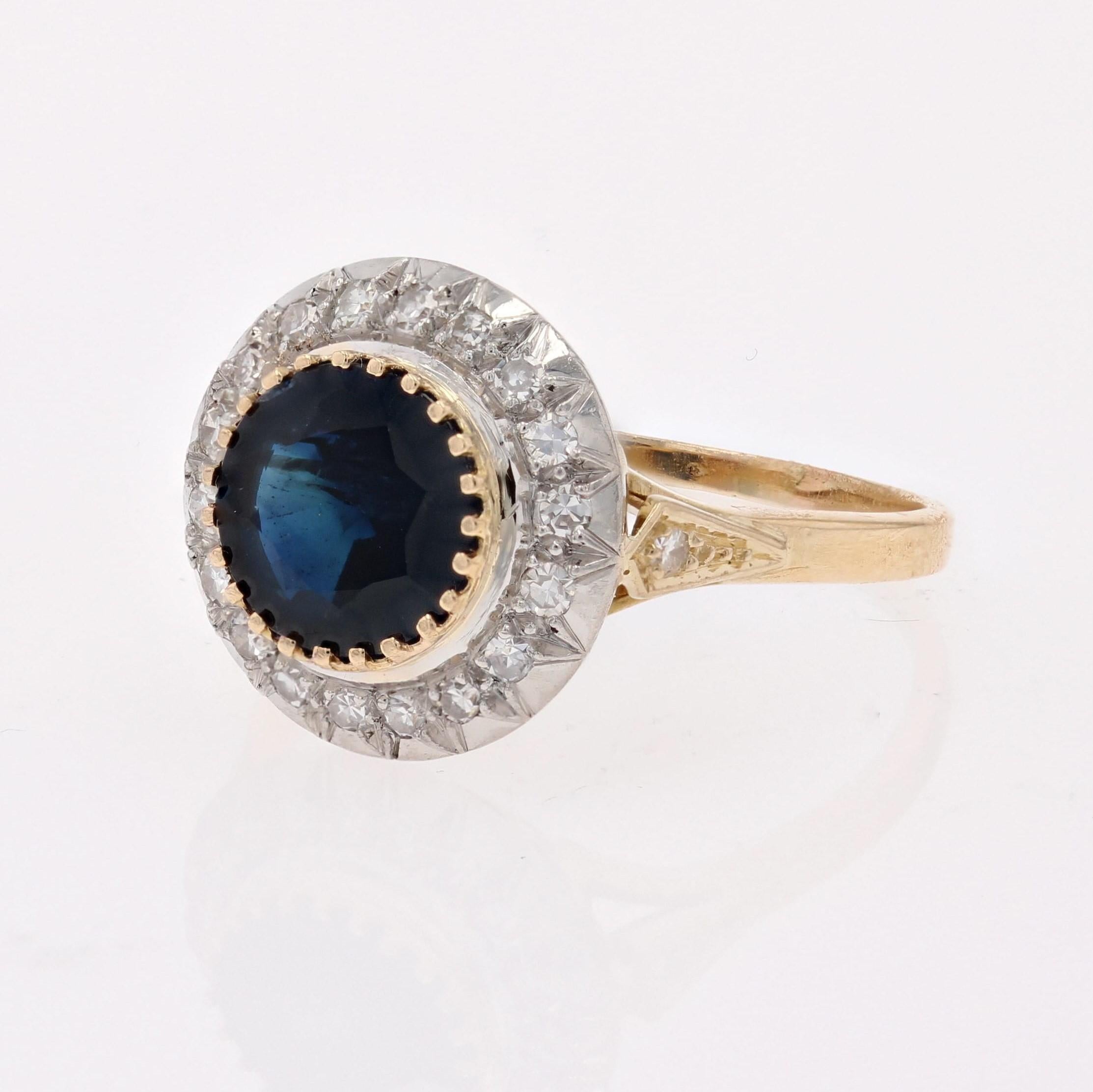 Französischer 1950er Jahre 2,50 Karat Saphir Diamanten 18 Karat Gelbgold Runder Ring 1