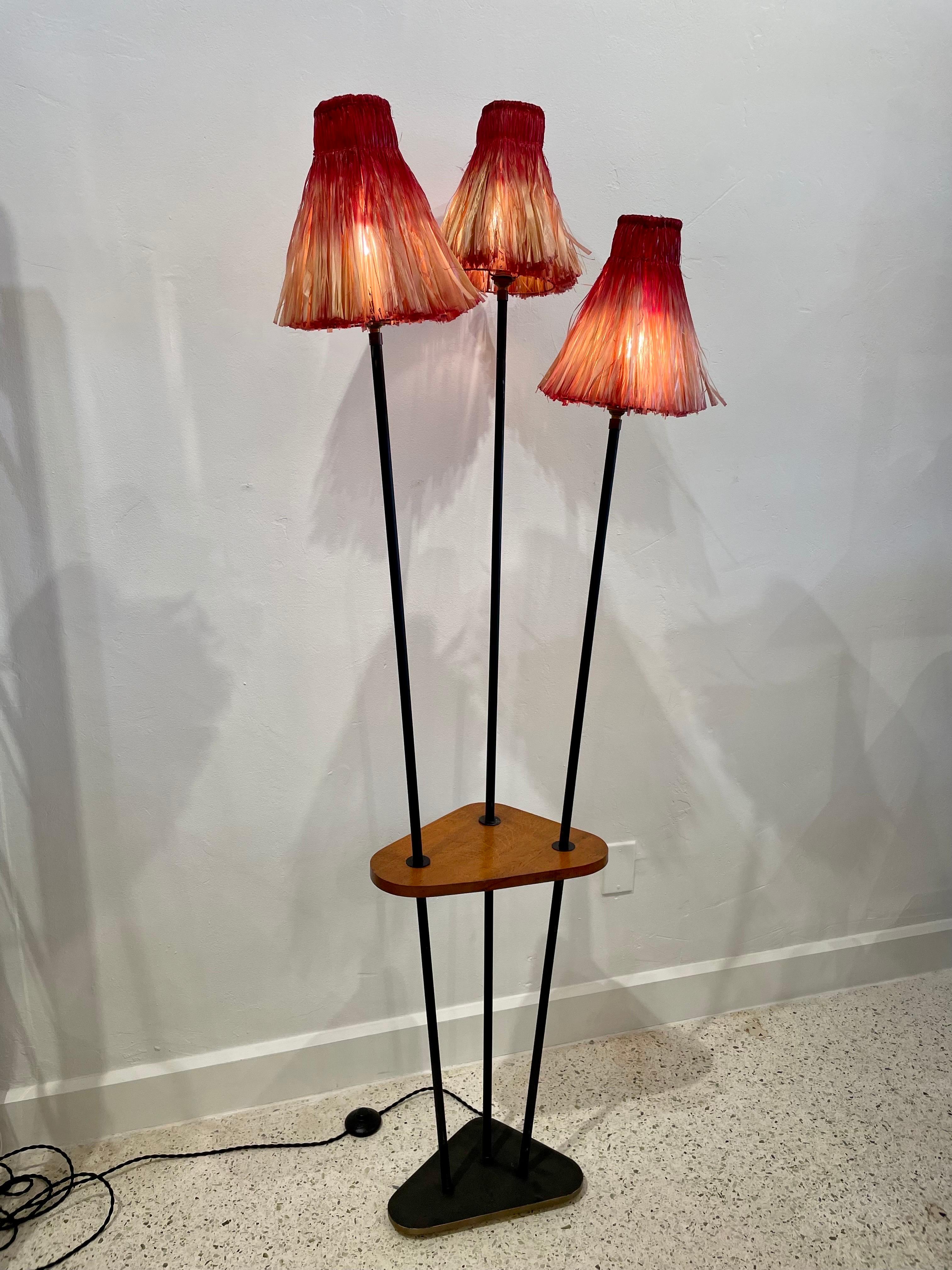 Mid-Century Modern French 1950's 3-Arm Floor Lamp w/ Tiki Shades For Sale