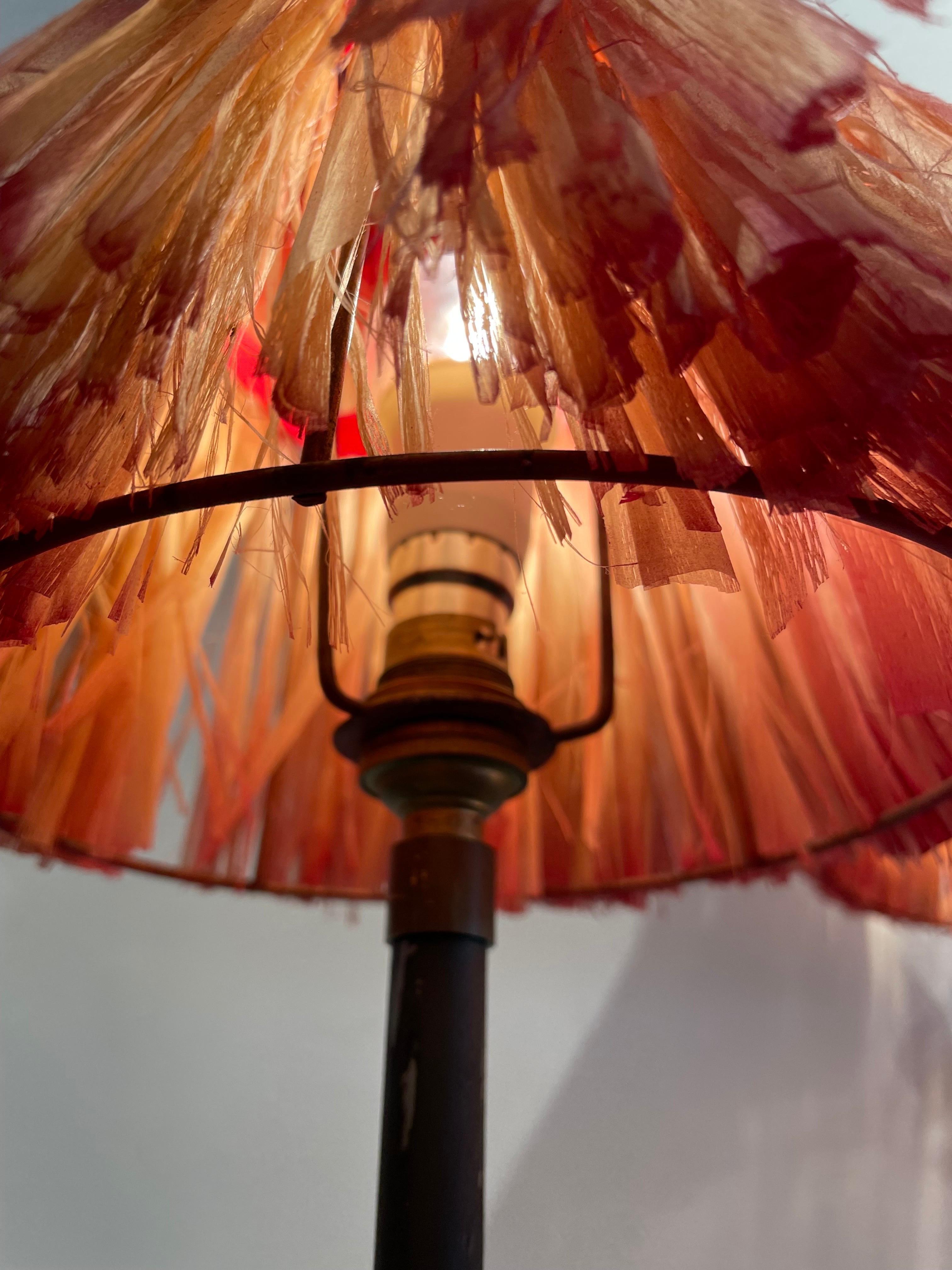 Raffia French 1950's 3-Arm Floor Lamp w/ Tiki Shades For Sale