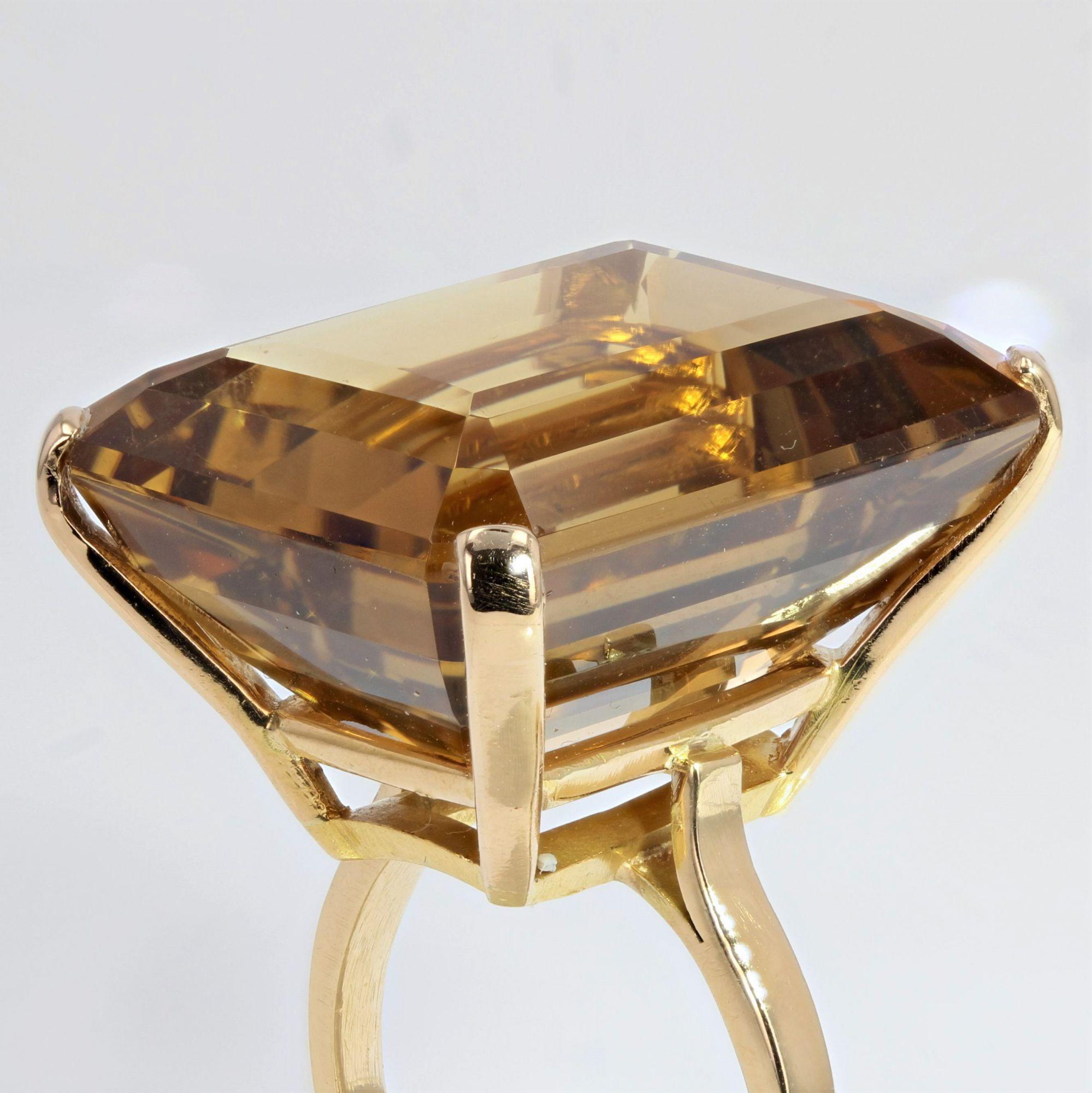 Emerald Cut French 1950s 45 Carat Citrine 18 Karat Yellow Gold Cocktail Ring