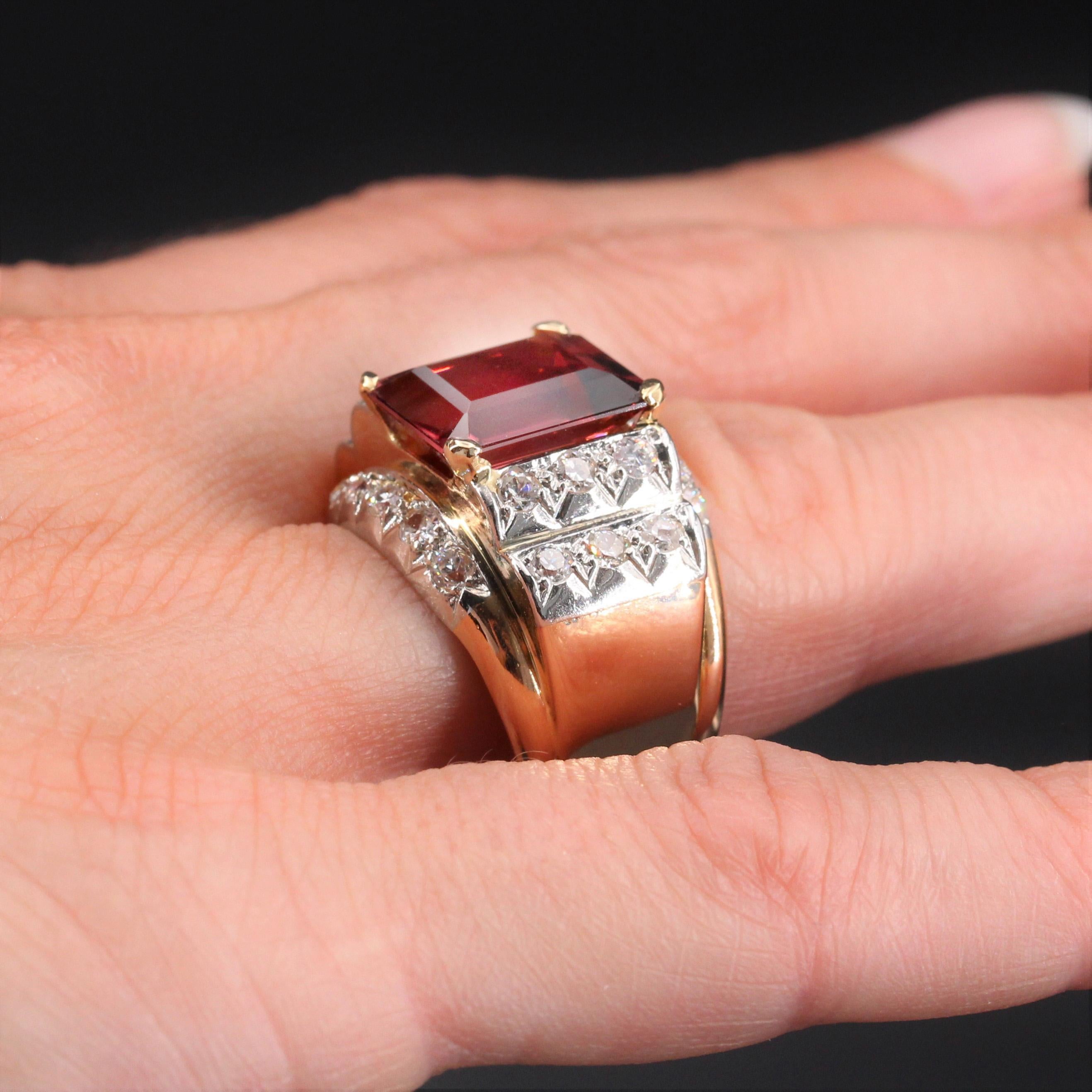 French, 1950s, 6 Carats Tourmaline Diamonds 18 Karat Rose Gold Tank Ring For Sale 4