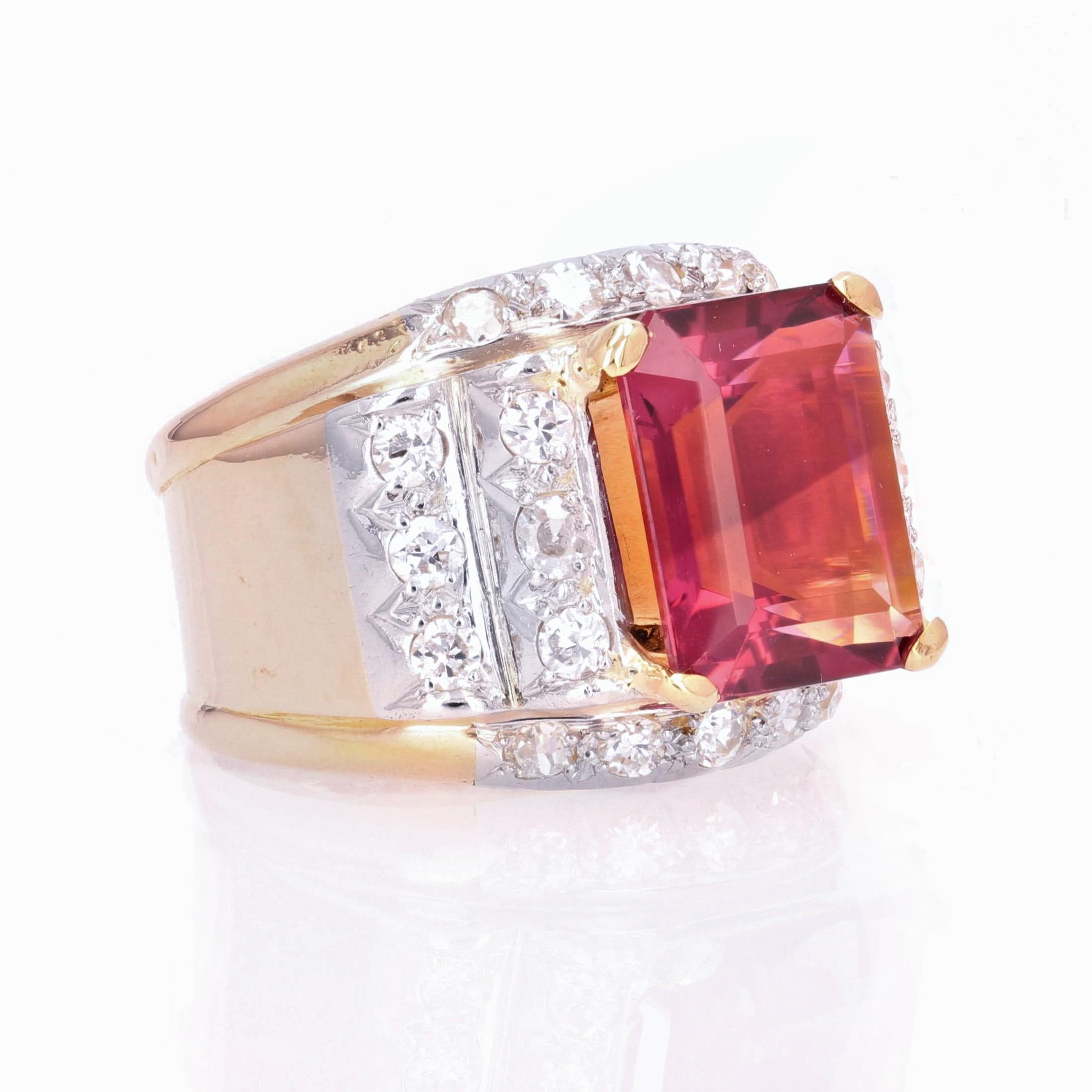 French, 1950s, 6 Carats Tourmaline Diamonds 18 Karat Rose Gold Tank Ring For Sale 5