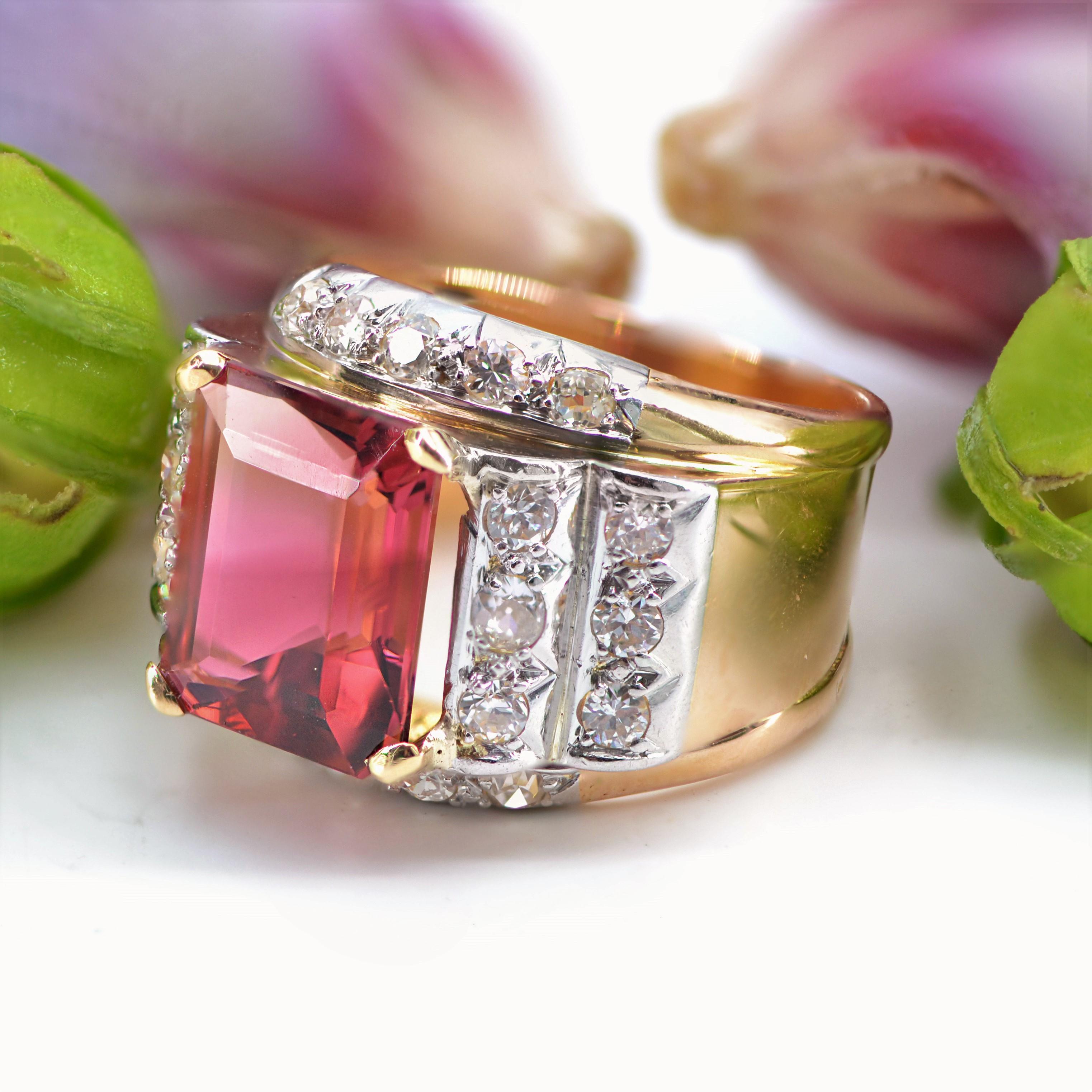 French, 1950s, 6 Carats Tourmaline Diamonds 18 Karat Rose Gold Tank Ring For Sale 7
