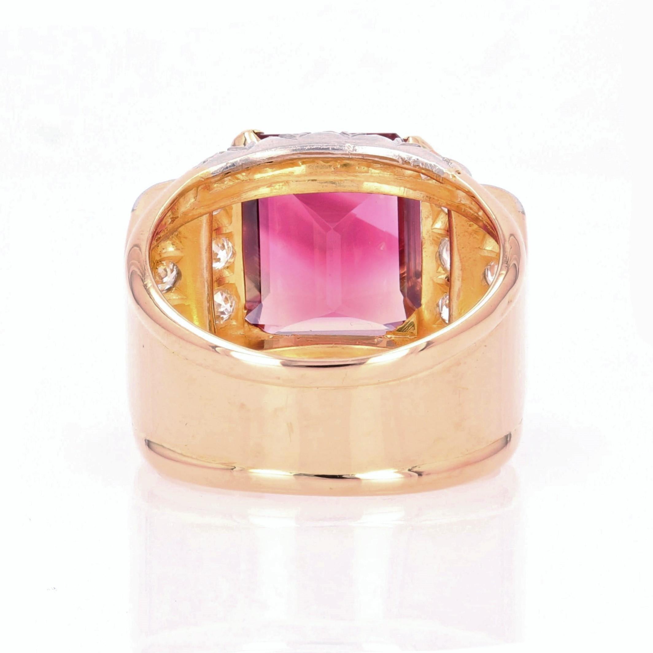 French, 1950s, 6 Carats Tourmaline Diamonds 18 Karat Rose Gold Tank Ring For Sale 9