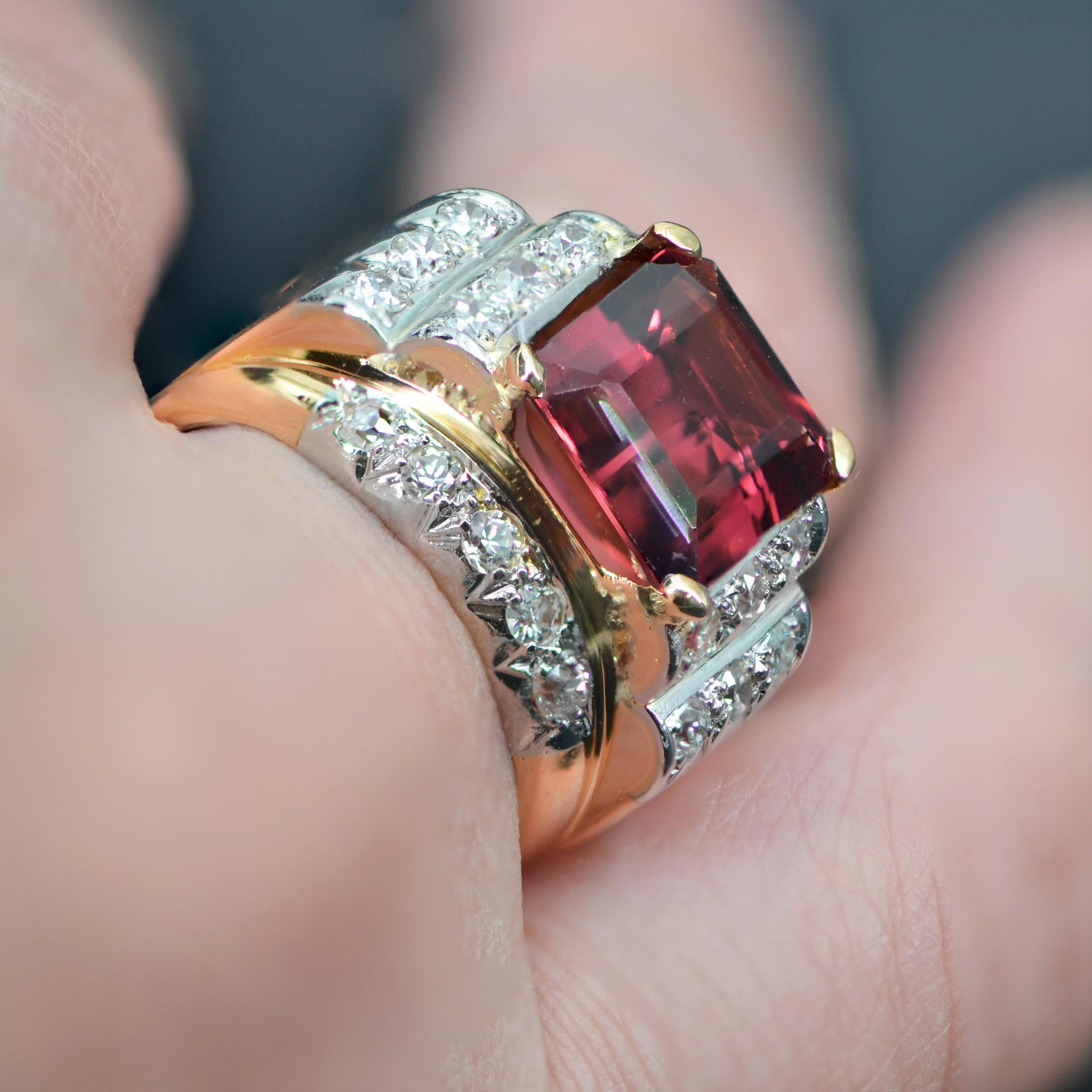 French, 1950s, 6 Carats Tourmaline Diamonds 18 Karat Rose Gold Tank Ring For Sale 10
