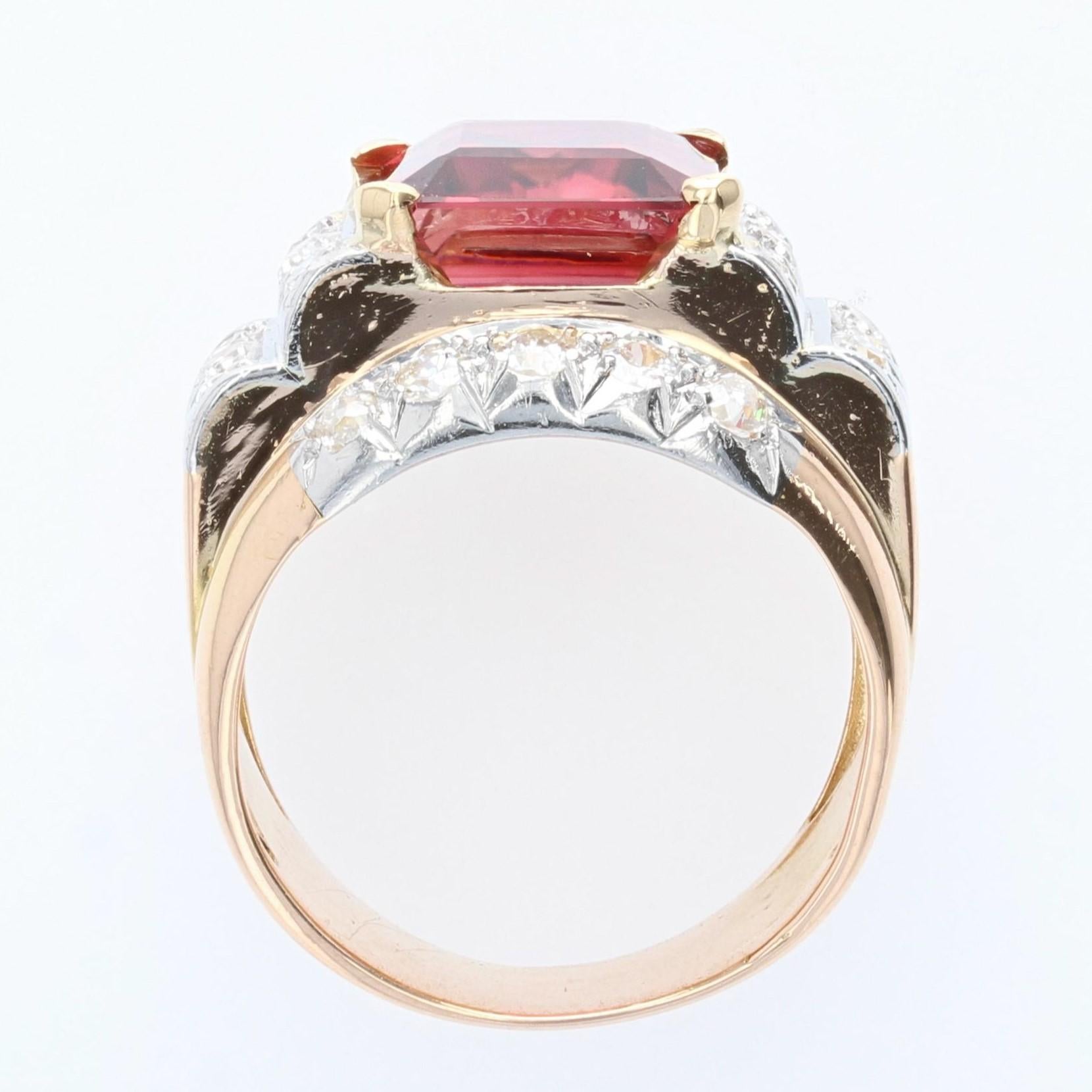 French, 1950s, 6 Carats Tourmaline Diamonds 18 Karat Rose Gold Tank Ring For Sale 11