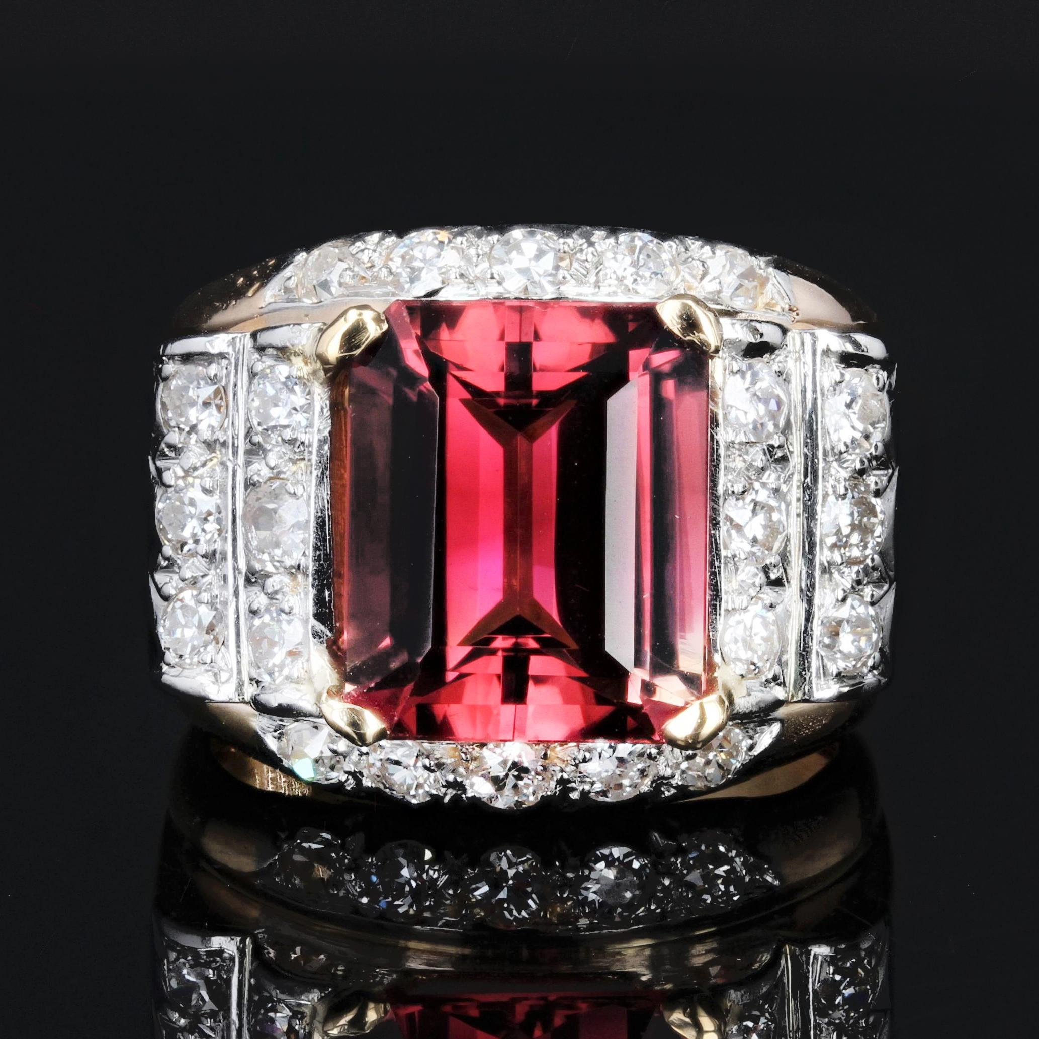 Emerald Cut French, 1950s, 6 Carats Tourmaline Diamonds 18 Karat Rose Gold Tank Ring For Sale