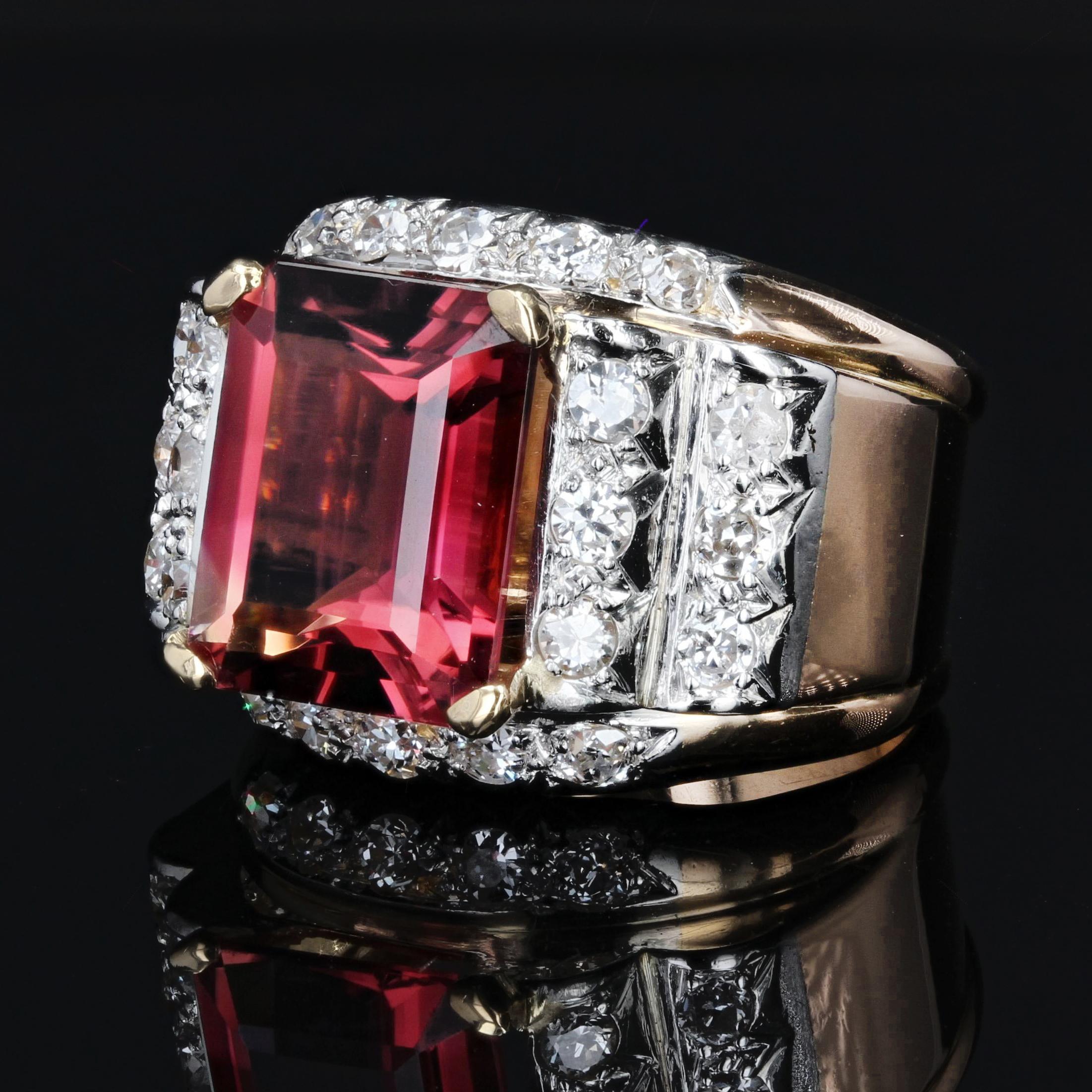 Women's French, 1950s, 6 Carats Tourmaline Diamonds 18 Karat Rose Gold Tank Ring For Sale