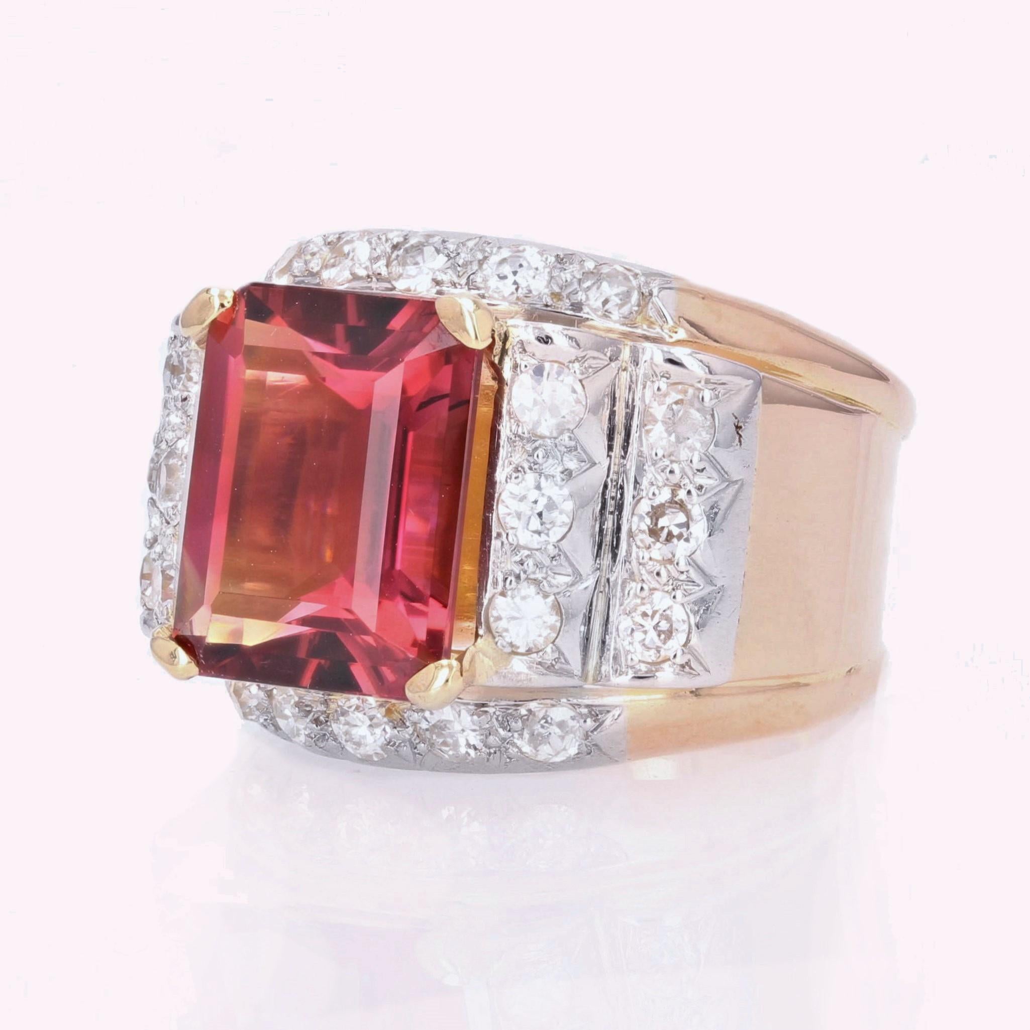 French, 1950s, 6 Carats Tourmaline Diamonds 18 Karat Rose Gold Tank Ring For Sale 2