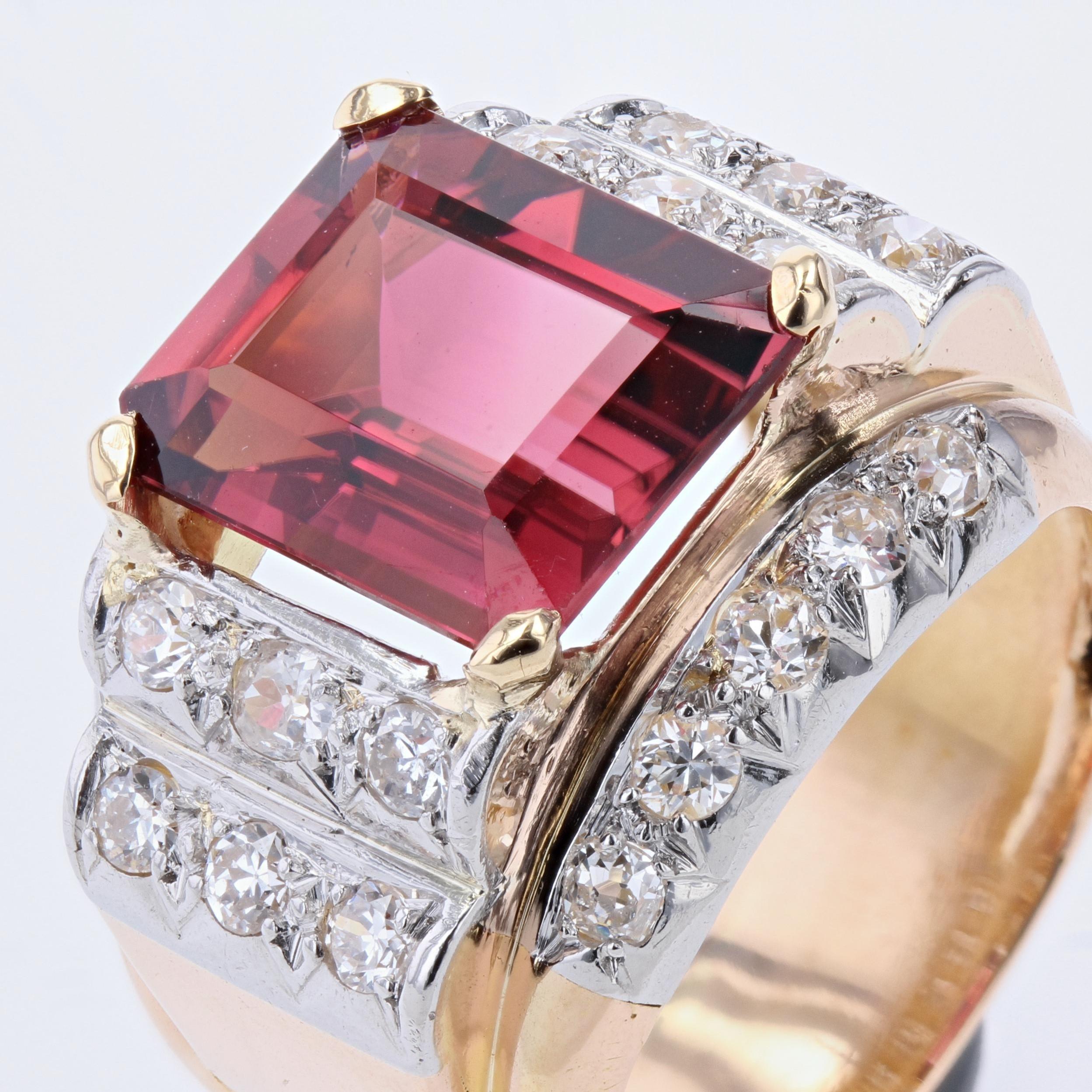 French, 1950s, 6 Carats Tourmaline Diamonds 18 Karat Rose Gold Tank Ring For Sale 3