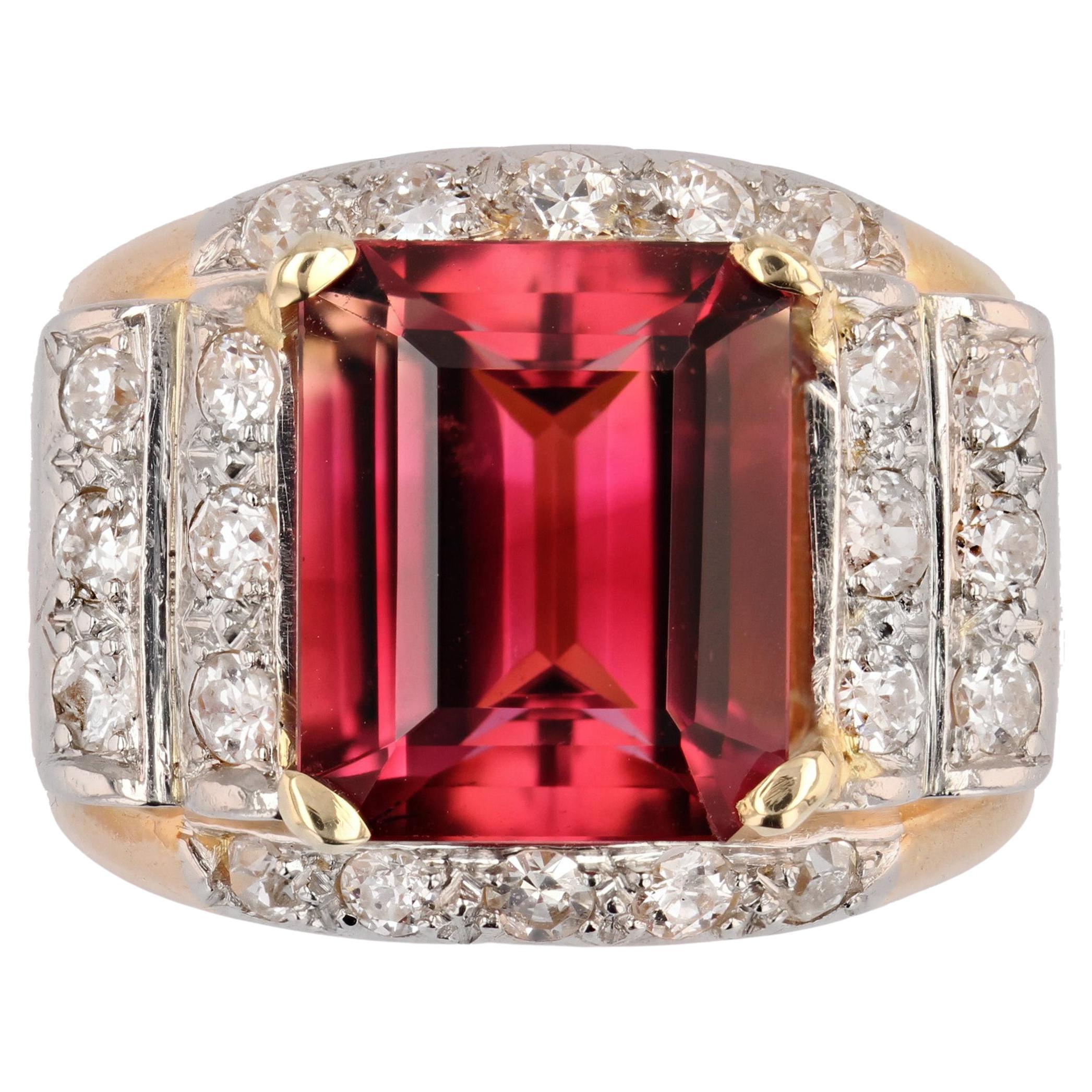 French, 1950s, 6 Carats Tourmaline Diamonds 18 Karat Rose Gold Tank Ring For Sale