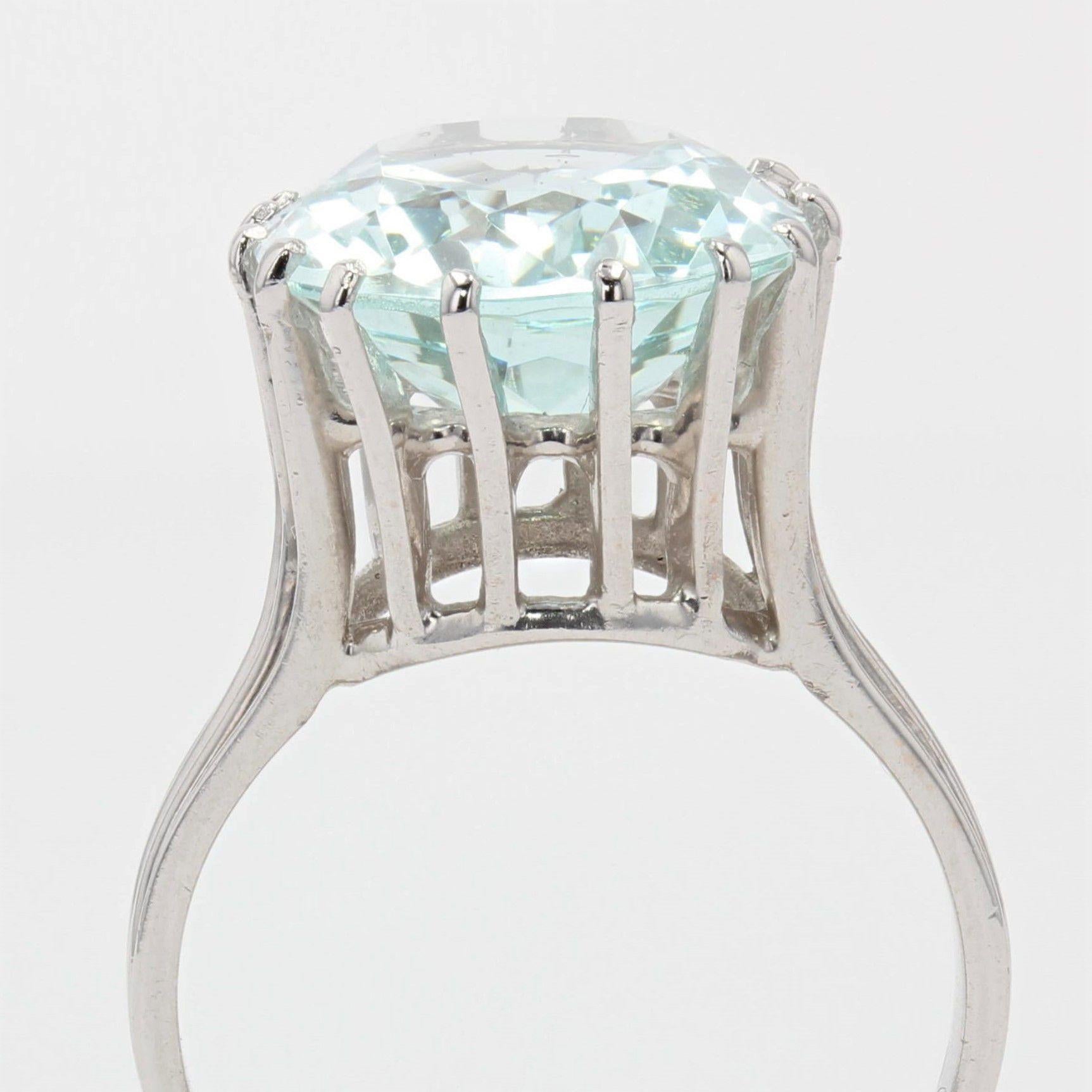 Women's French 1950s 6.95 Carat Aquamarine Diamond 18 Karat White Gold Ring