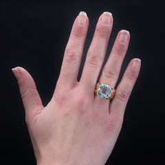 French 1950s 7, 80 Carats Aquamarine 18 Karat Rose Gold Retro Ring