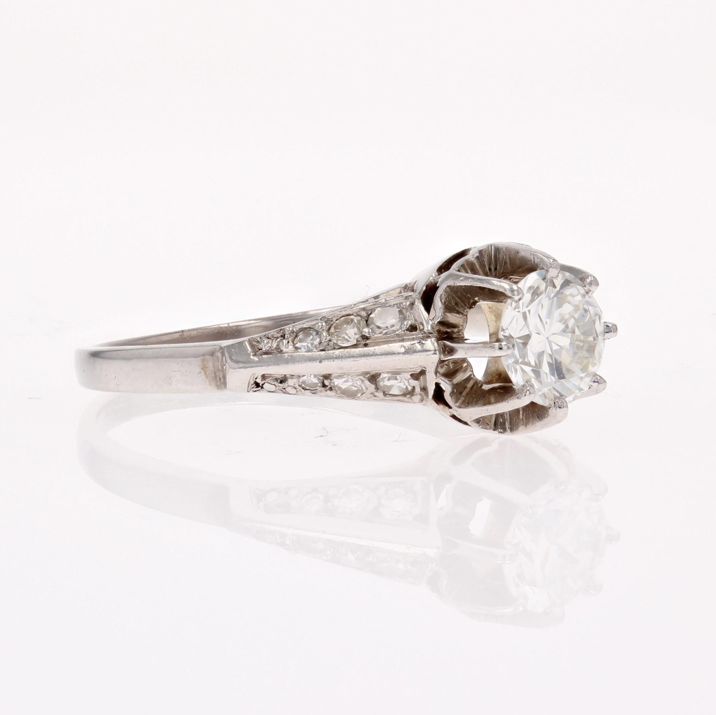 French 1950s Accompanied Diamond 18 Karat White Gold Solitaire Ring For Sale 5