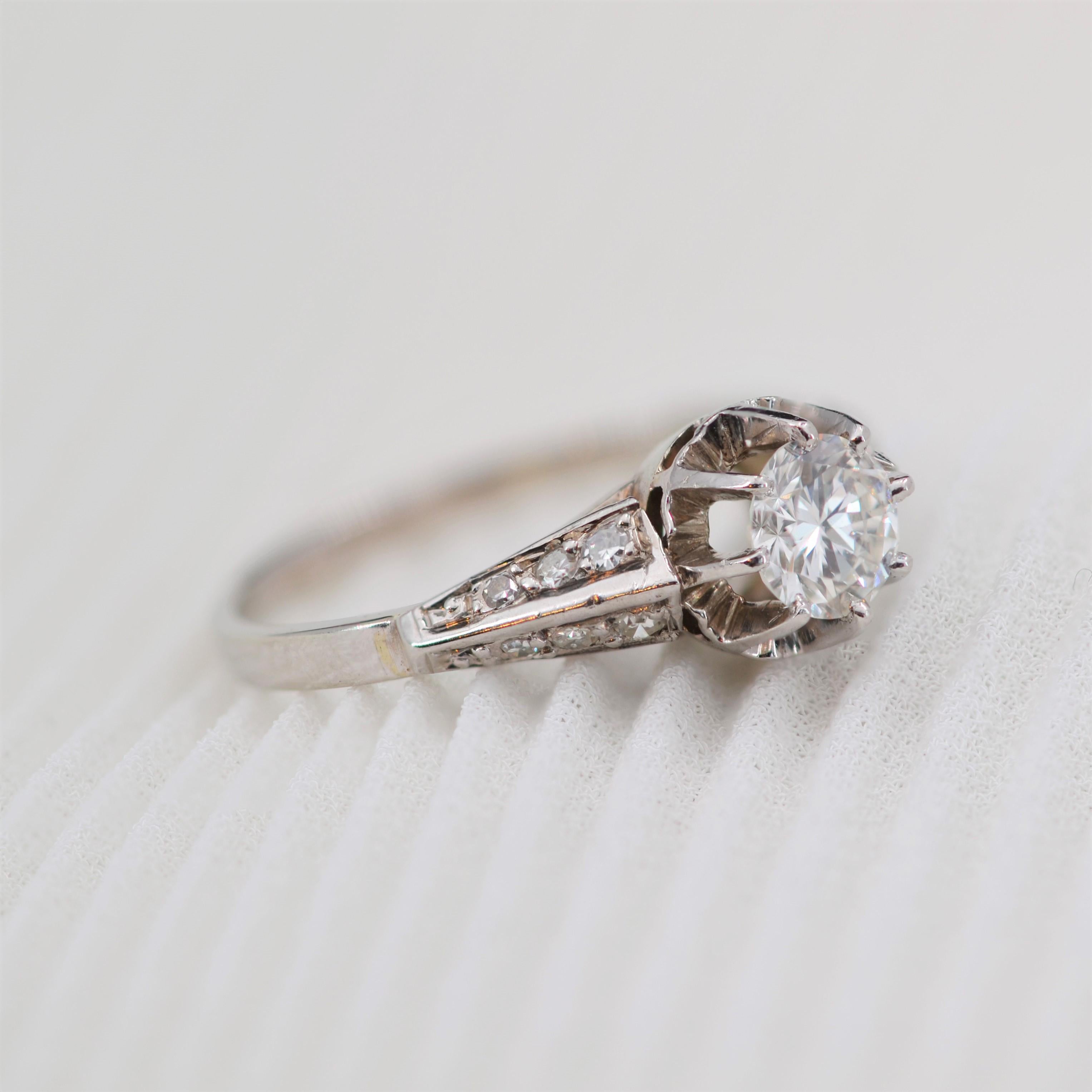 French 1950s Accompanied Diamond 18 Karat White Gold Solitaire Ring For Sale 6