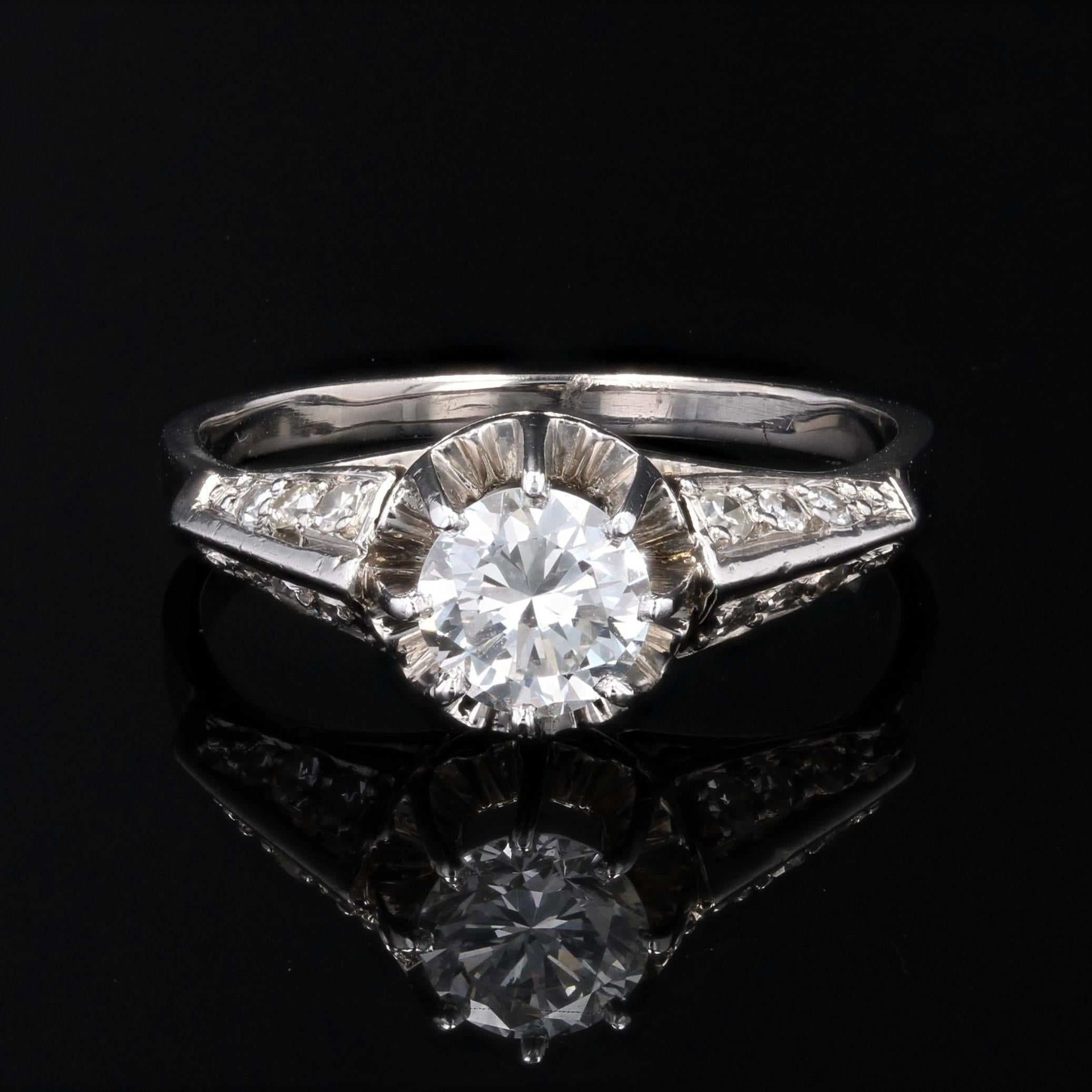 Retro French 1950s Accompanied Diamond 18 Karat White Gold Solitaire Ring For Sale