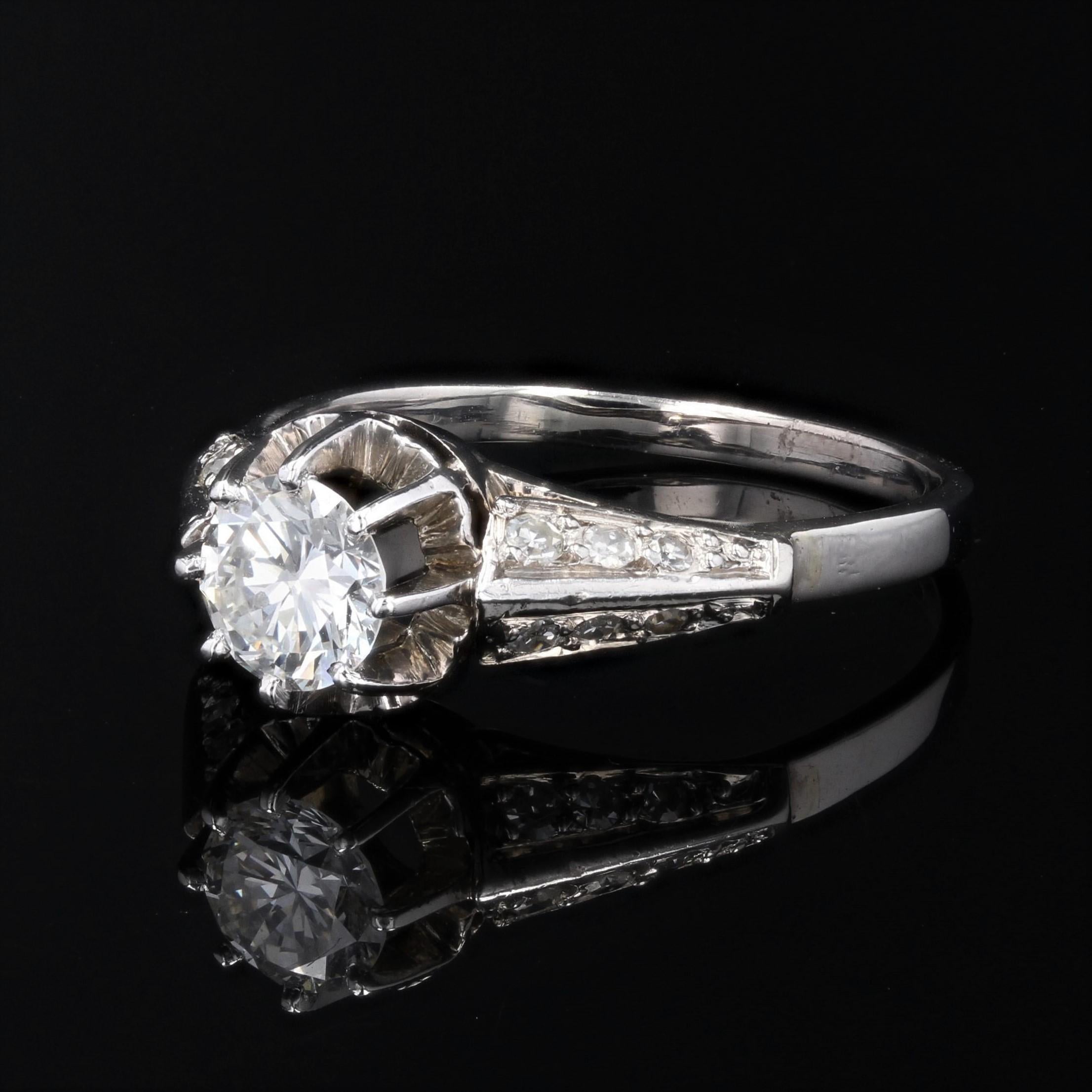 French 1950s Accompanied Diamond 18 Karat White Gold Solitaire Ring For Sale 1