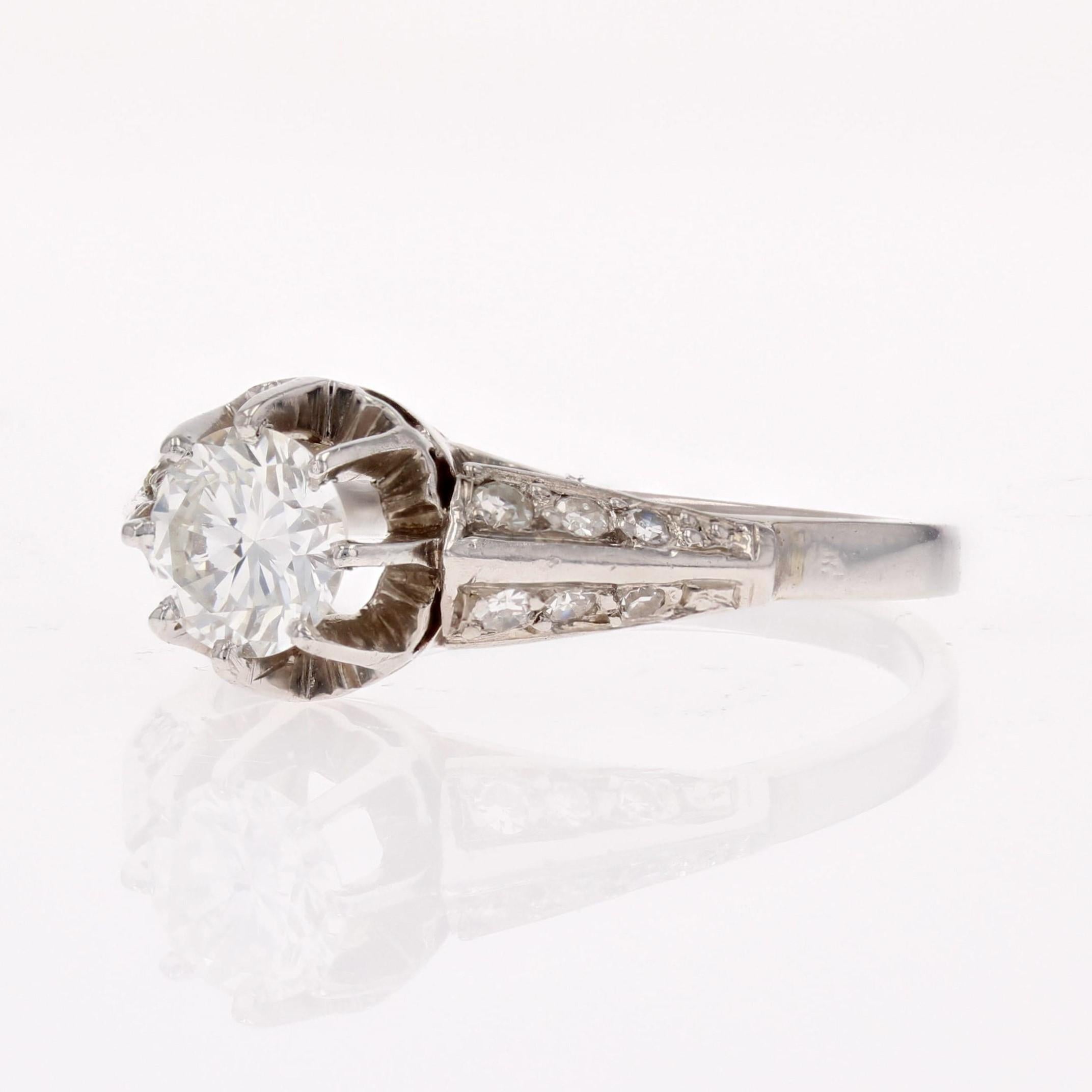 French 1950s Accompanied Diamond 18 Karat White Gold Solitaire Ring For Sale 3