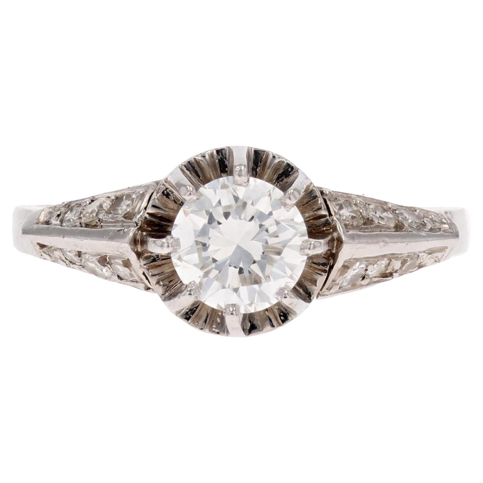 French 1950s Accompanied Diamond 18 Karat White Gold Solitaire Ring For Sale