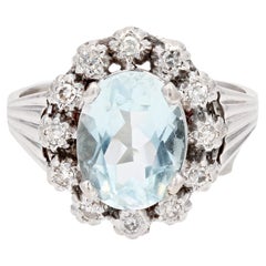 Vintage French 1950s Aquamarine Diamonds 18 Karat White Gold Ring