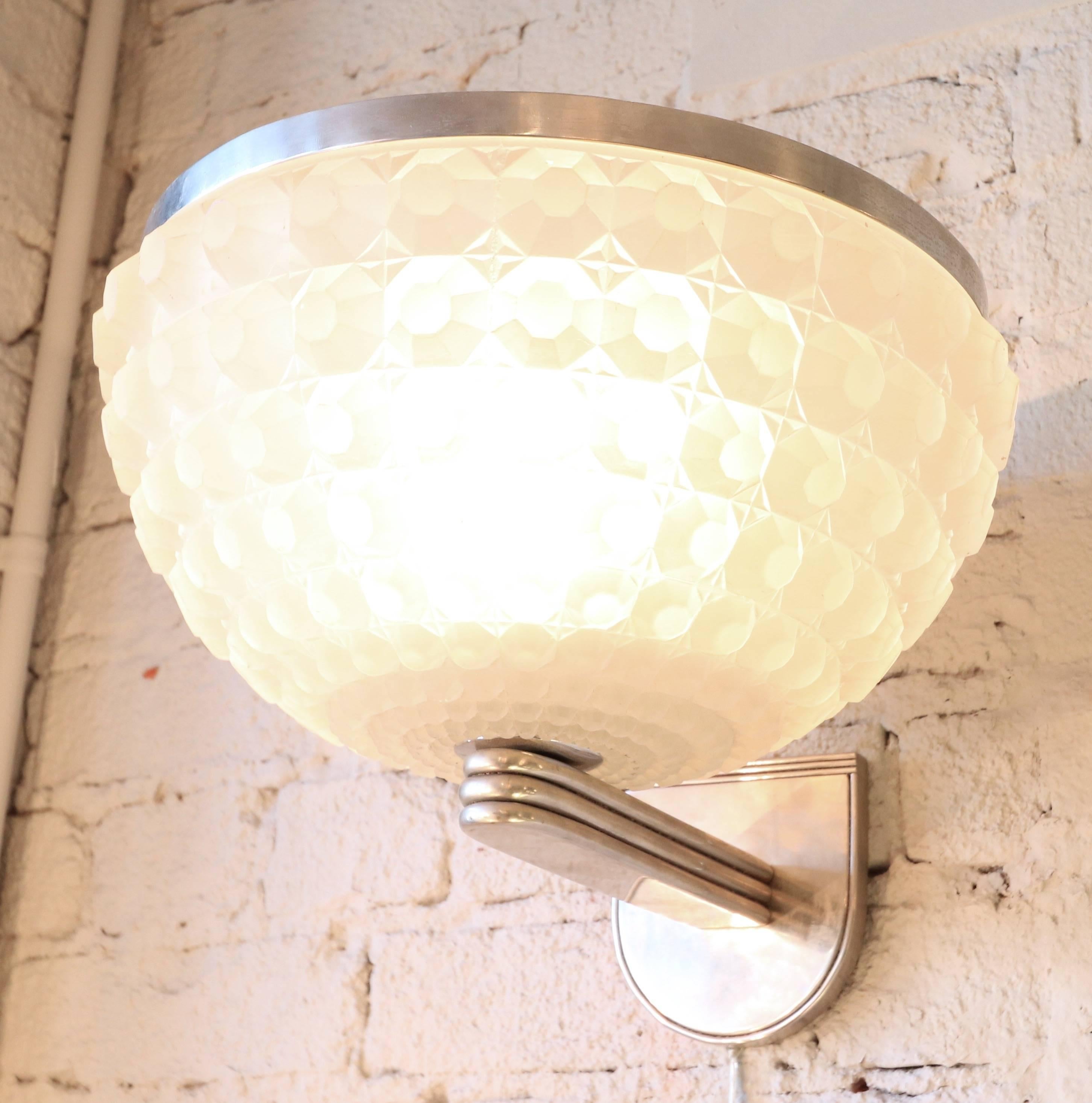 French, 1950s, Art Deco Chrome and Glass Sconce 1
