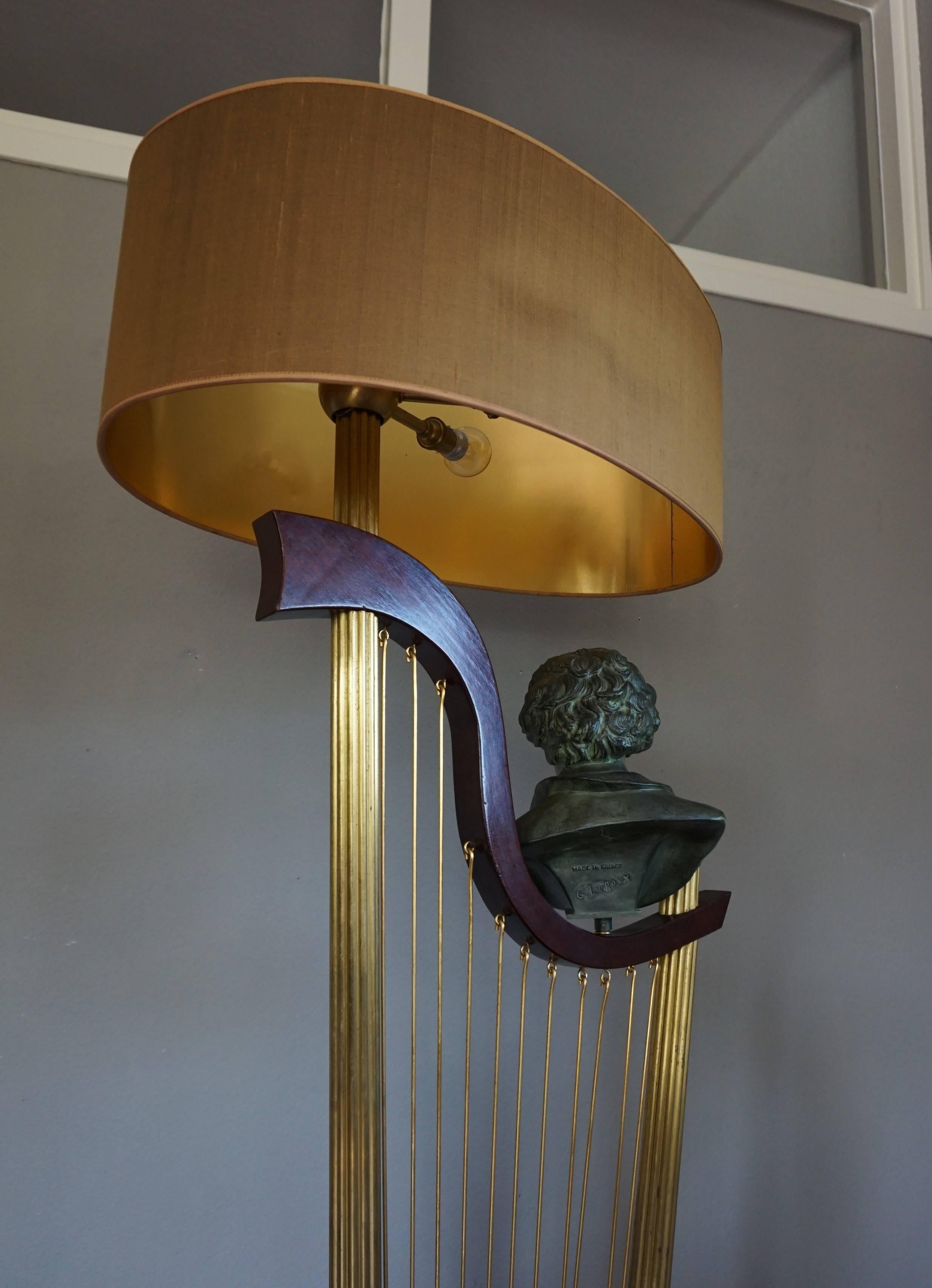 French 1950s Art Deco Style Brass Harp & Beethoven Bust Floor Lamp by G. LeRoux 3