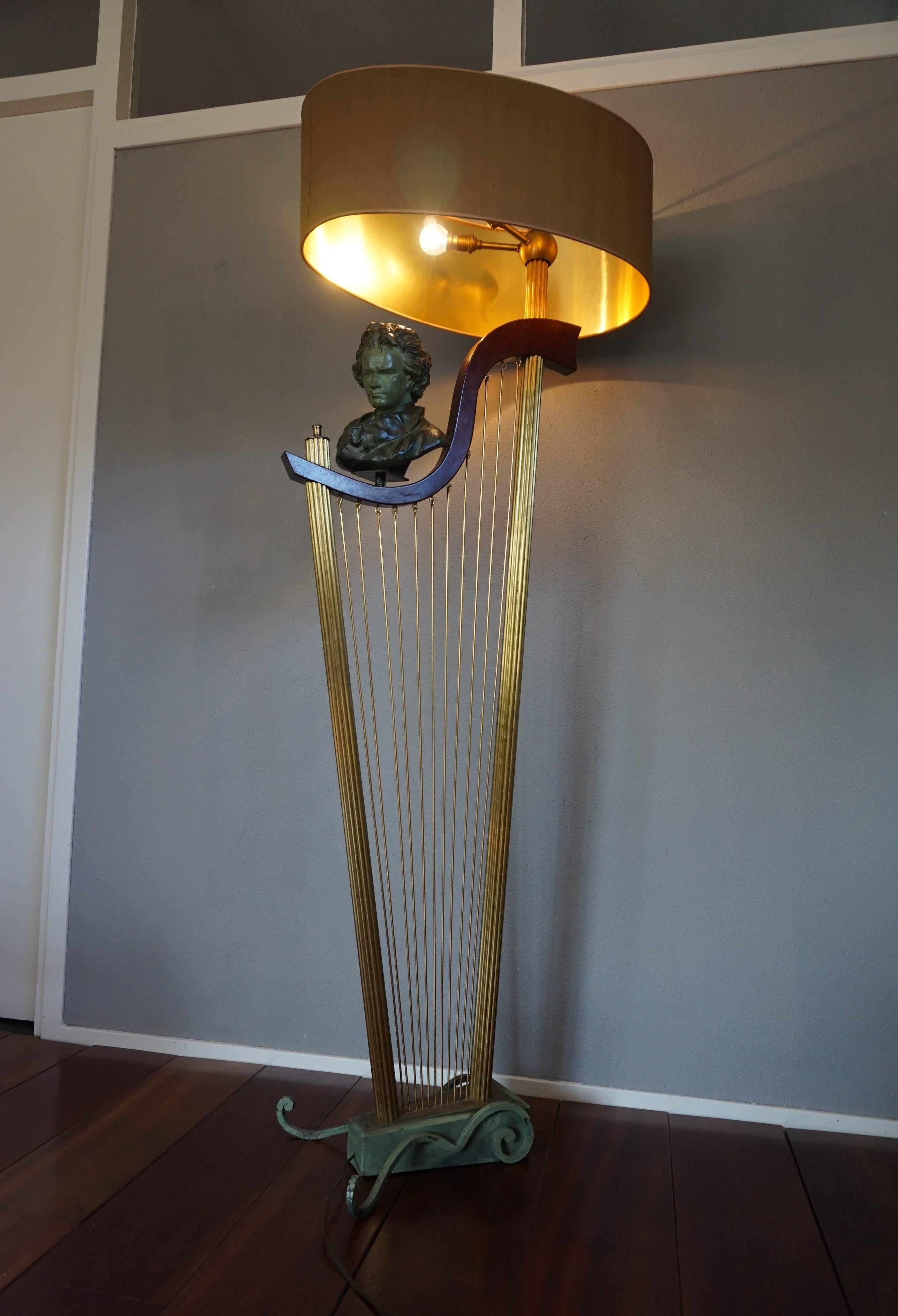 French 1950s Art Deco Style Brass Harp & Beethoven Bust Floor Lamp by G. LeRoux 5