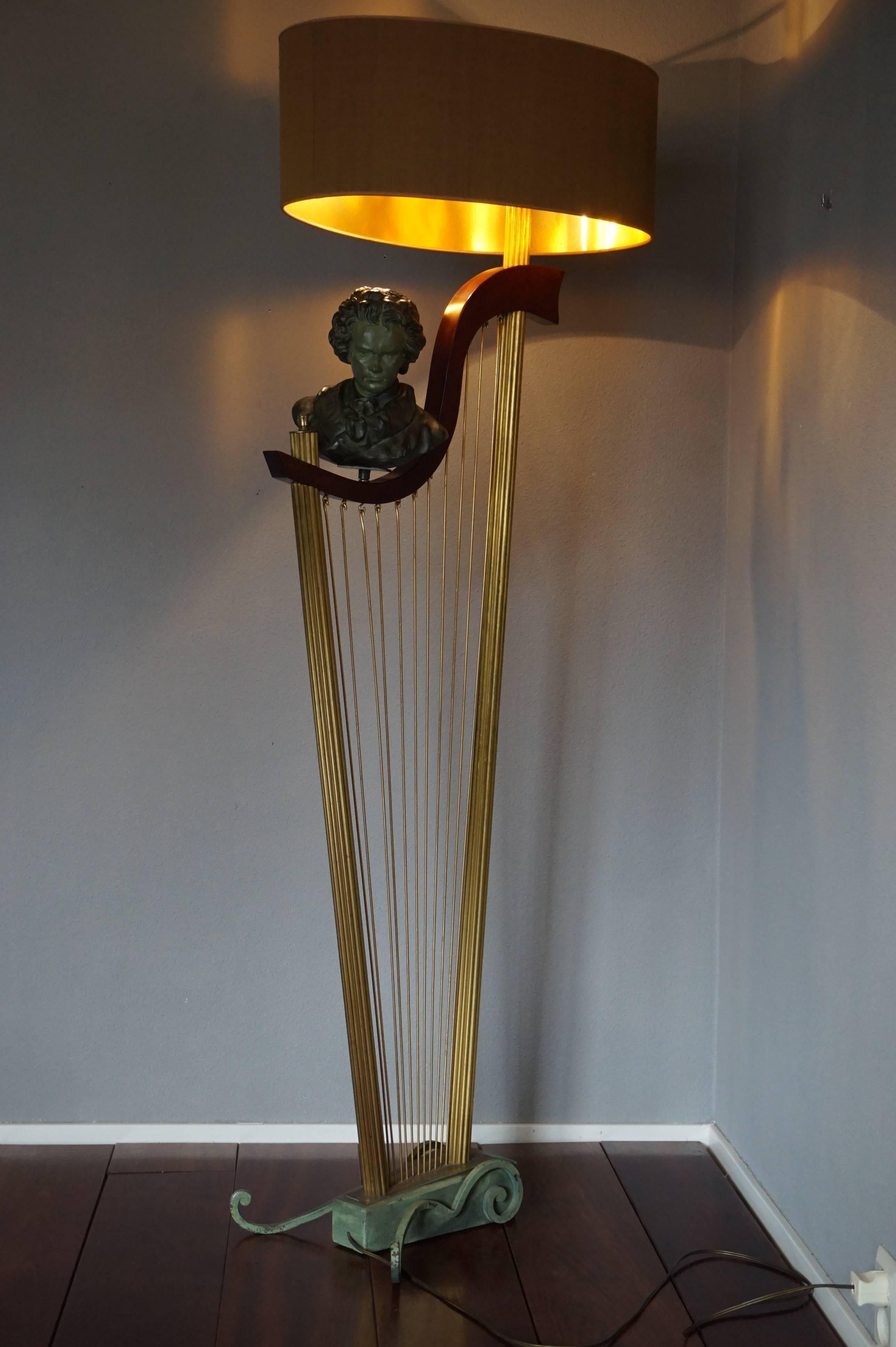 French 1950s Art Deco Style Brass Harp & Beethoven Bust Floor Lamp by G. LeRoux 9
