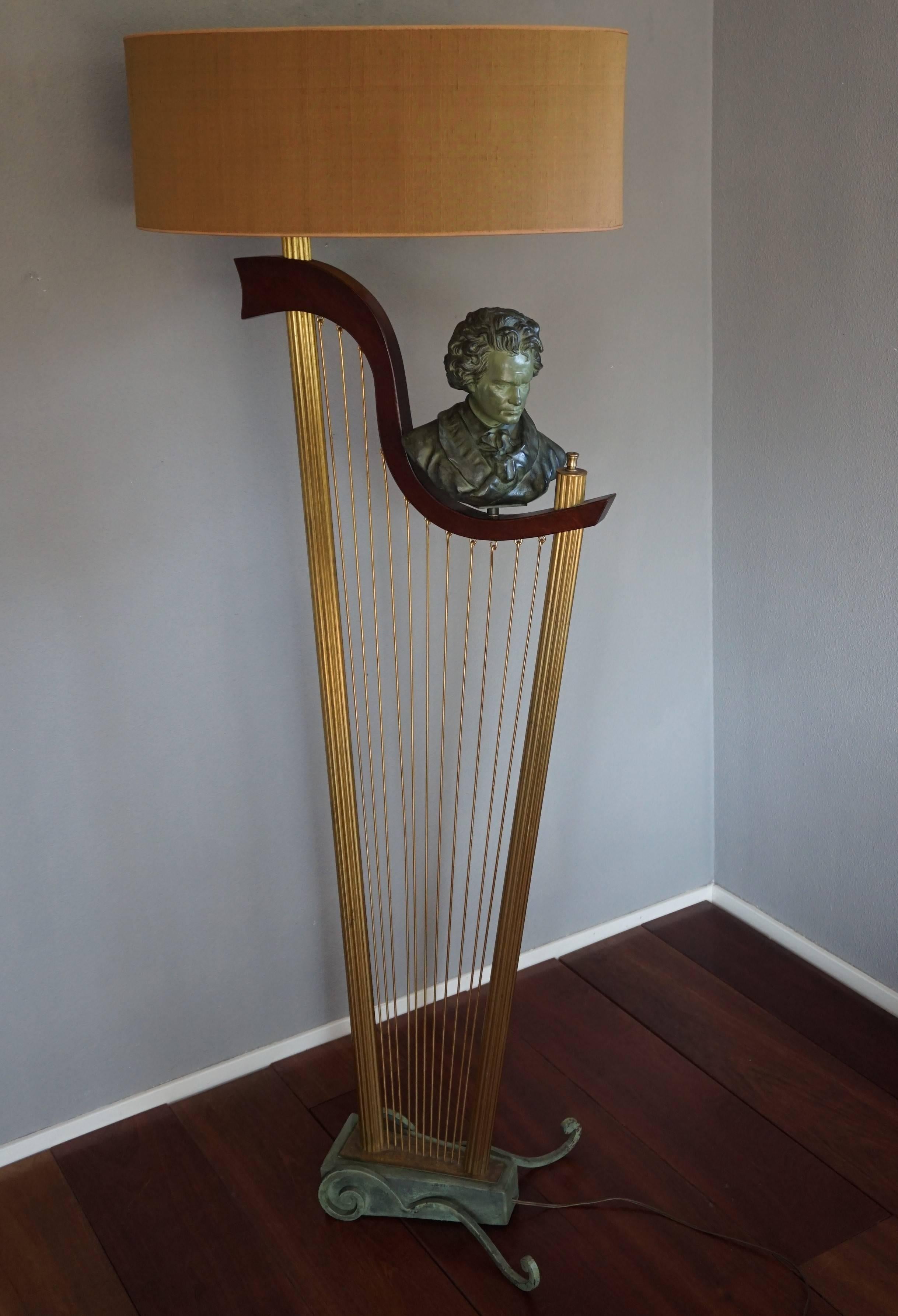 French 1950s Art Deco Style Brass Harp & Beethoven Bust Floor Lamp by G. LeRoux 12