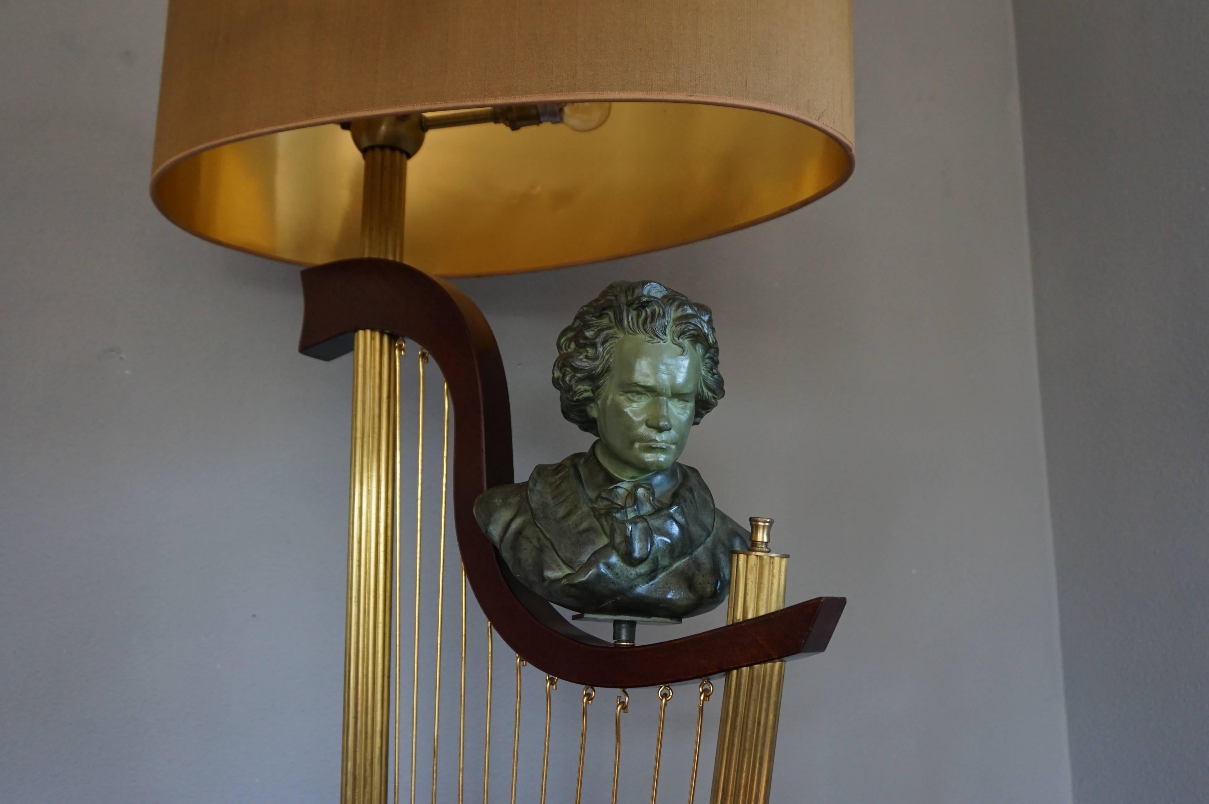 Cast French 1950s Art Deco Style Brass Harp & Beethoven Bust Floor Lamp by G. LeRoux