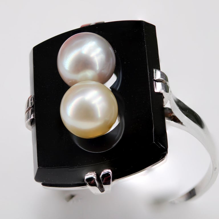 Bague Art Déco Or Blanc 18 Carats Avec Perle - Taille 53, Circa 1950, Occasion