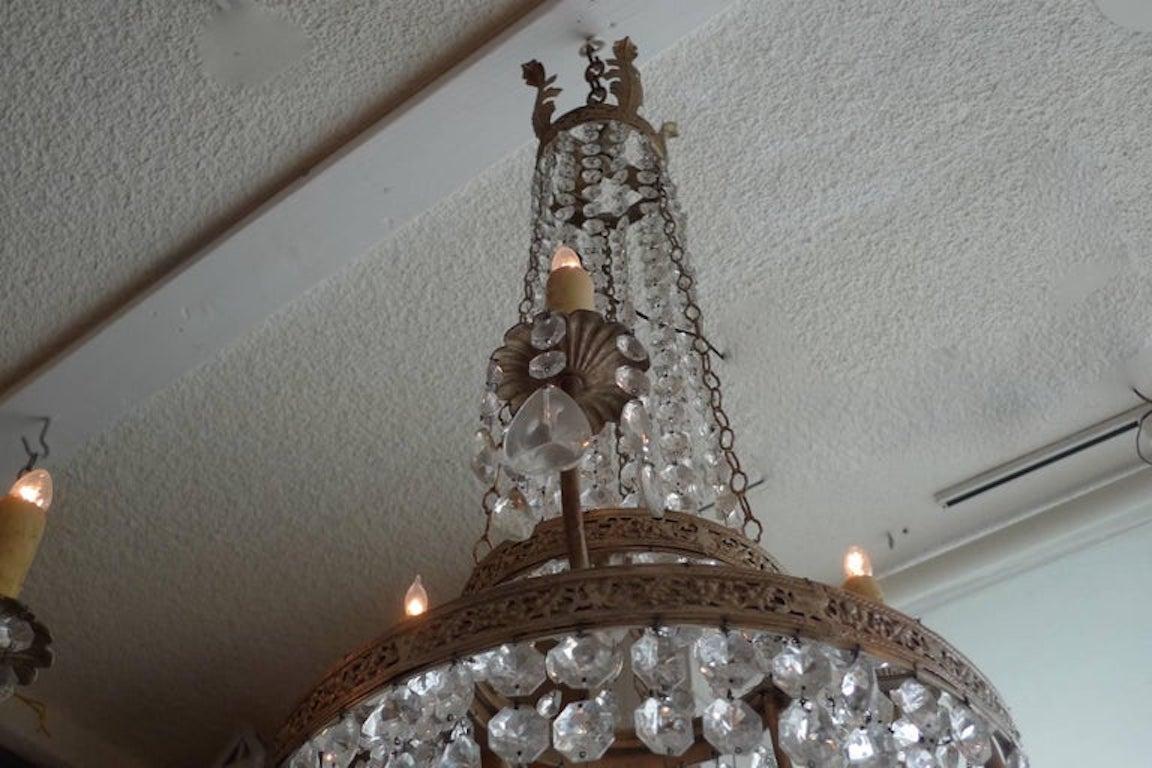 French 1950s Basket and Crown Crystal and Metal Chandelier with Six-Light For Sale 5